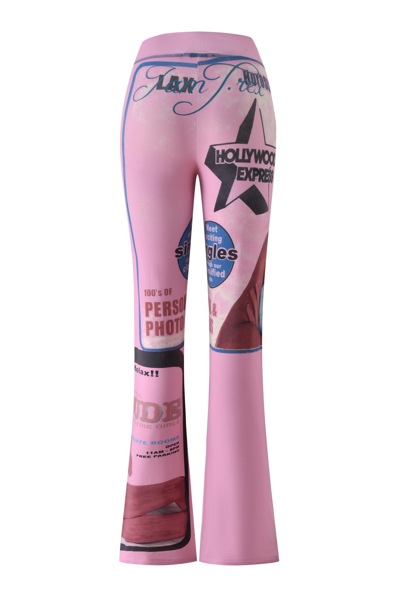 The I.AM.GIA T-REX BLARE TRACKPANT in pink features a flared silhouette adorned with vintage-inspired graphics and text—such as "Hollywood Express," stars, and bold phrases in blue, black, and red on the back—finished with a striking T-REX pink print that adds a playful edge to these women’s lounge pants.