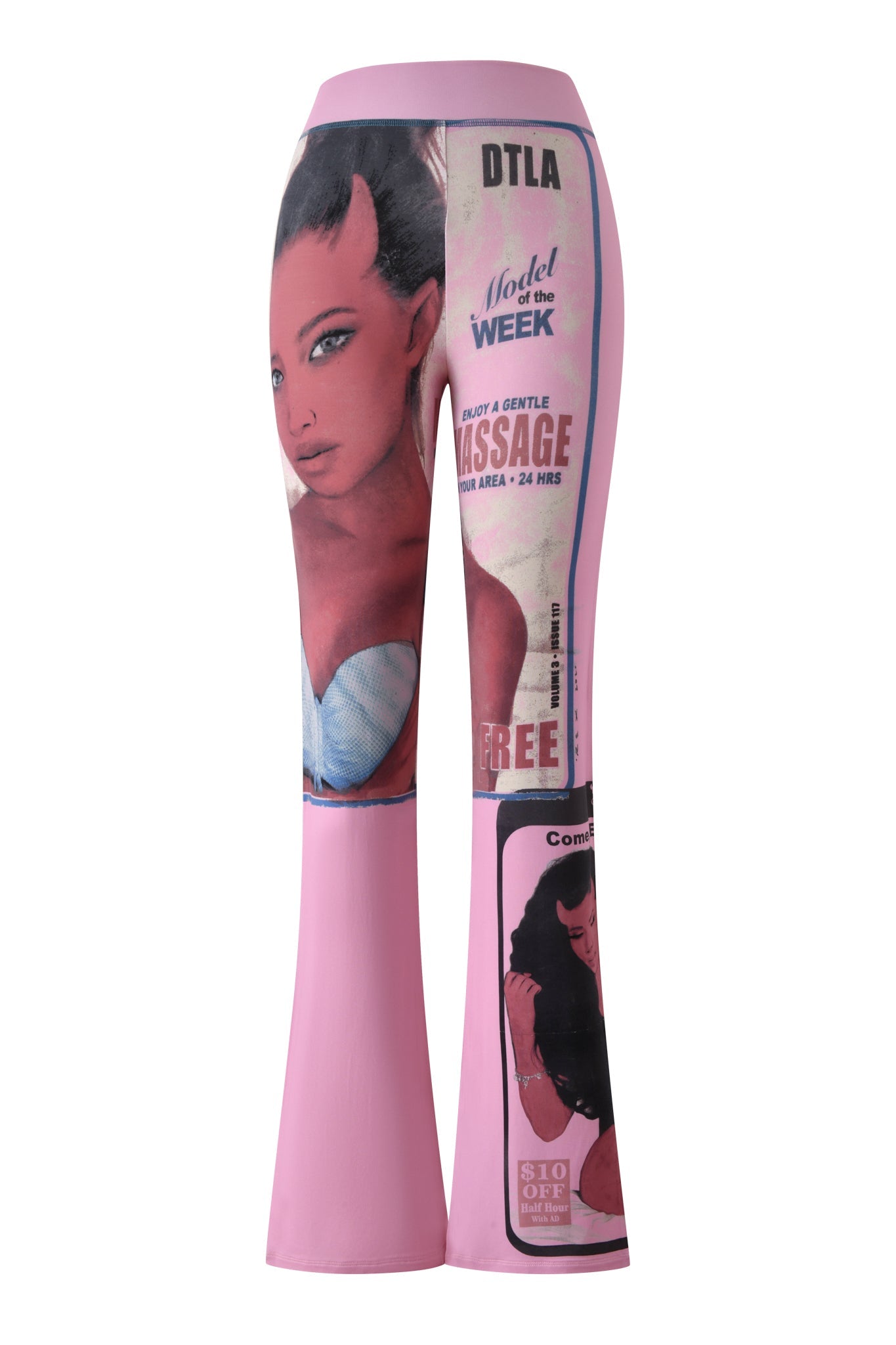 I.AM.GIA T-REX BLARE TRACKPANT - PINK: Flared pink women’s lounge pants featuring a bold T-REX pink print with retro-inspired graphics. The design includes stylized images of women reminiscent of vintage magazine ads, along with graphic elements like faces, text such as “DTLA” and “Model of the Week,” and other striking visuals.