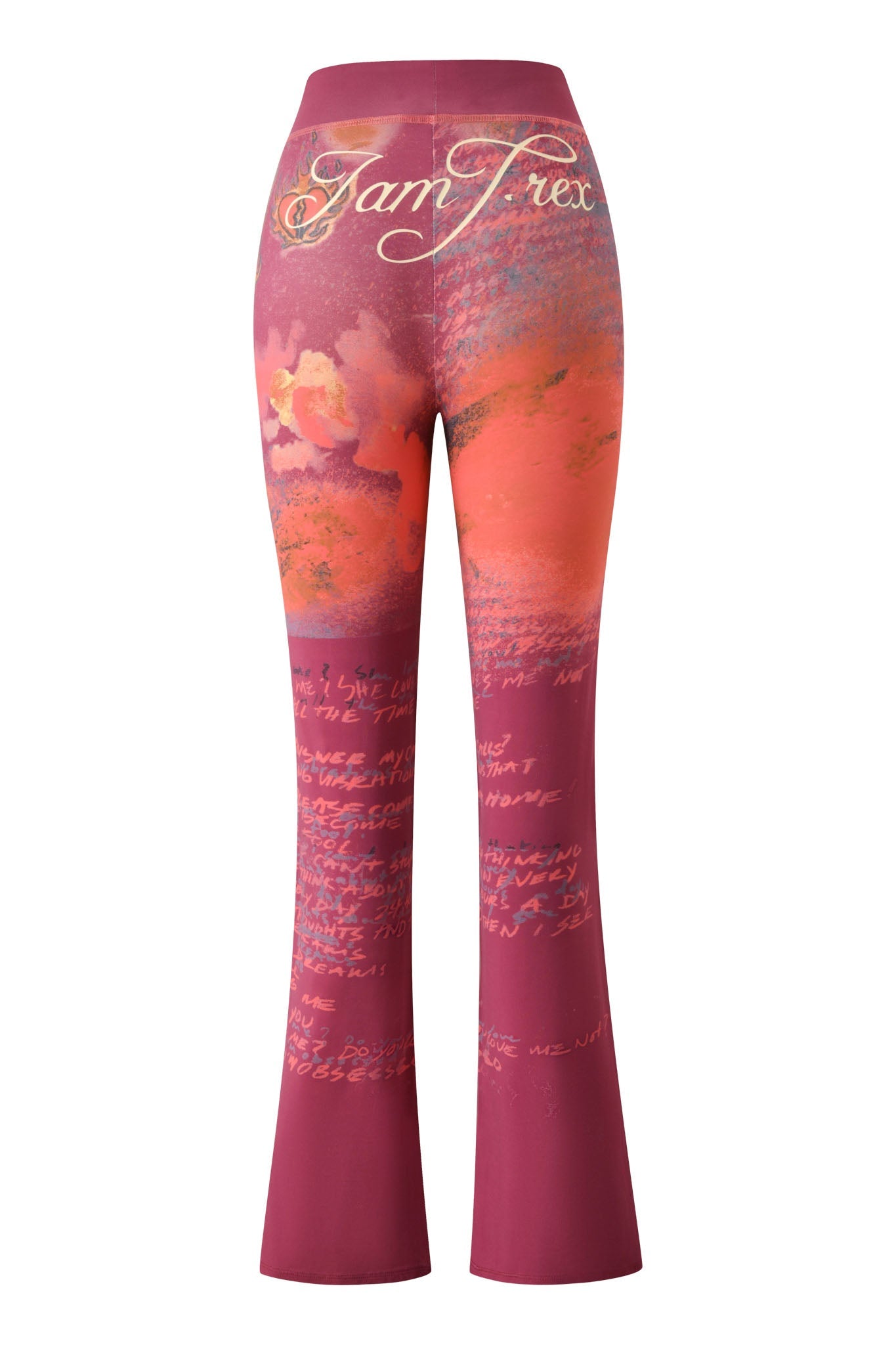 Introducing the I.AM.GIA T-REX BLARE TRACKPANT - RED: high-waisted, flared women’s lounge pants in standout red featuring artistic orange and T-REX prints, unique handwritten script designs, and “Jam Frex” elegantly scripted on the waistband—bold comfort meets striking style.