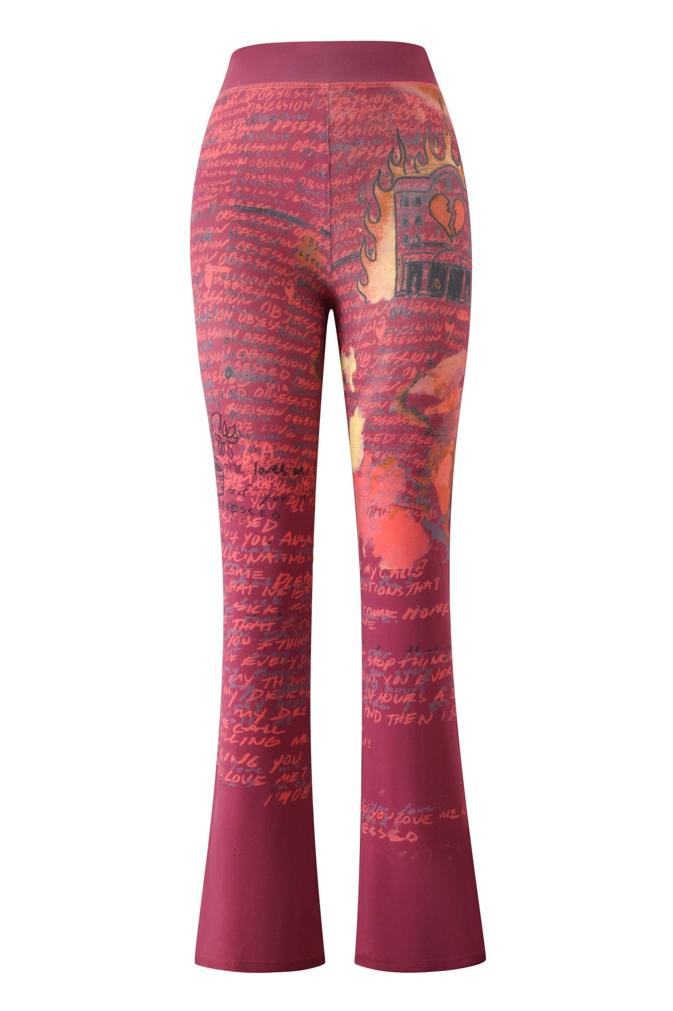 The I.AM.GIA T-REX BLARE TRACKPANT in red features a high-waisted, flared silhouette adorned with handwritten script and vivid orange and purple illustrations of a burning building—perfect for those seeking statement-making women's lounge pants.