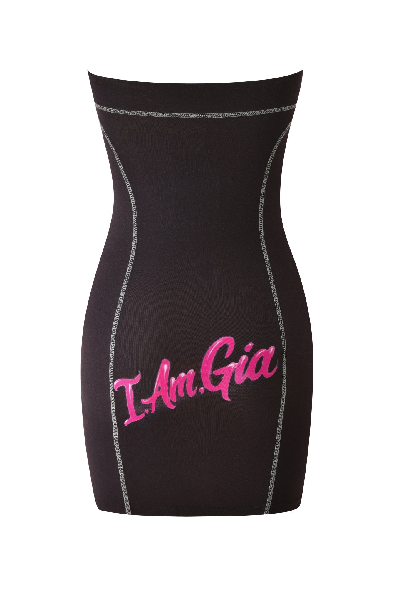 A fitted black T-REX BLARE BOOB TUBE MINI DRESS by I.AM.GIA, featuring gray seam details and bold pink and white “I.AM.GIA” lettering across the front.