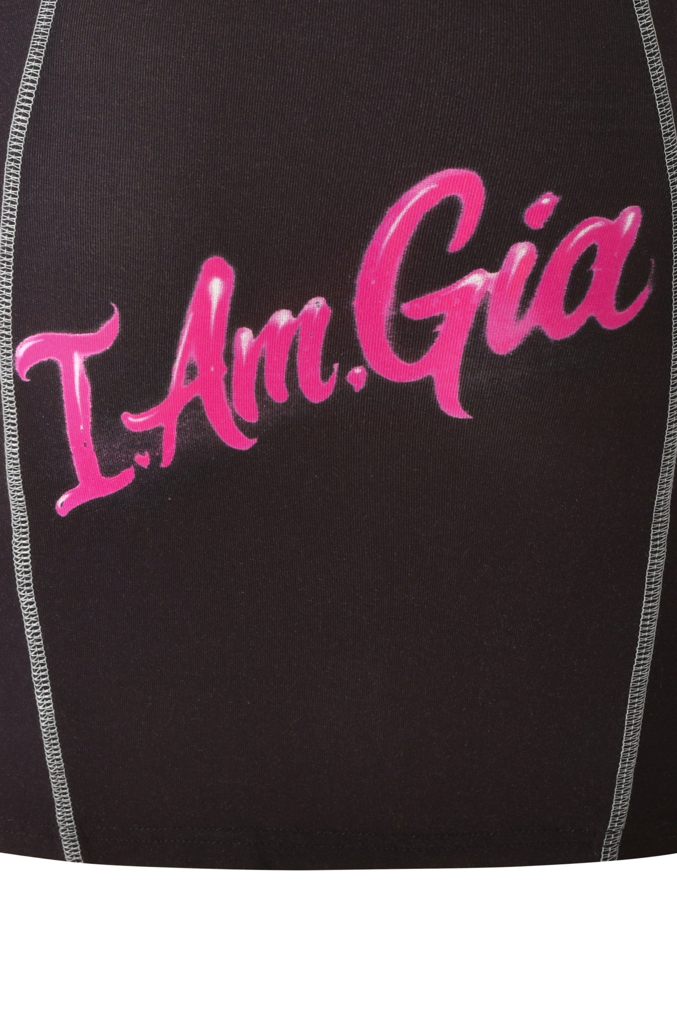 Crafted from black fabric with white stitched seams, the I.AM.GIA T-REX BLARE BOOB TUBE MINI DRESS features the brand’s name boldly written in pink cursive across the center, perfectly blending modern edge with playful style.