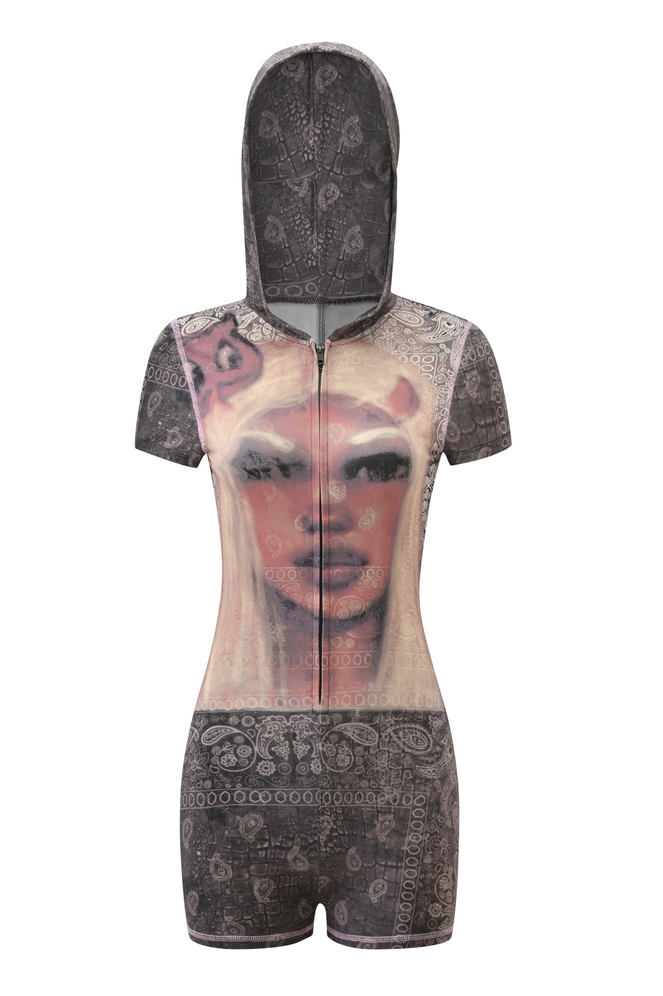 Introducing the T-REX BLARE SHORT SLEEVE ROMPER - CHARCOAL BANDANA by I.AM.GIA: a charcoal gray hooded romper with short sleeves and a front zipper, showcasing an exclusive I.AM.GIA print—a bold graphic face layered over a black and gray paisley bandana pattern—created as the ultimate festival statement piece.