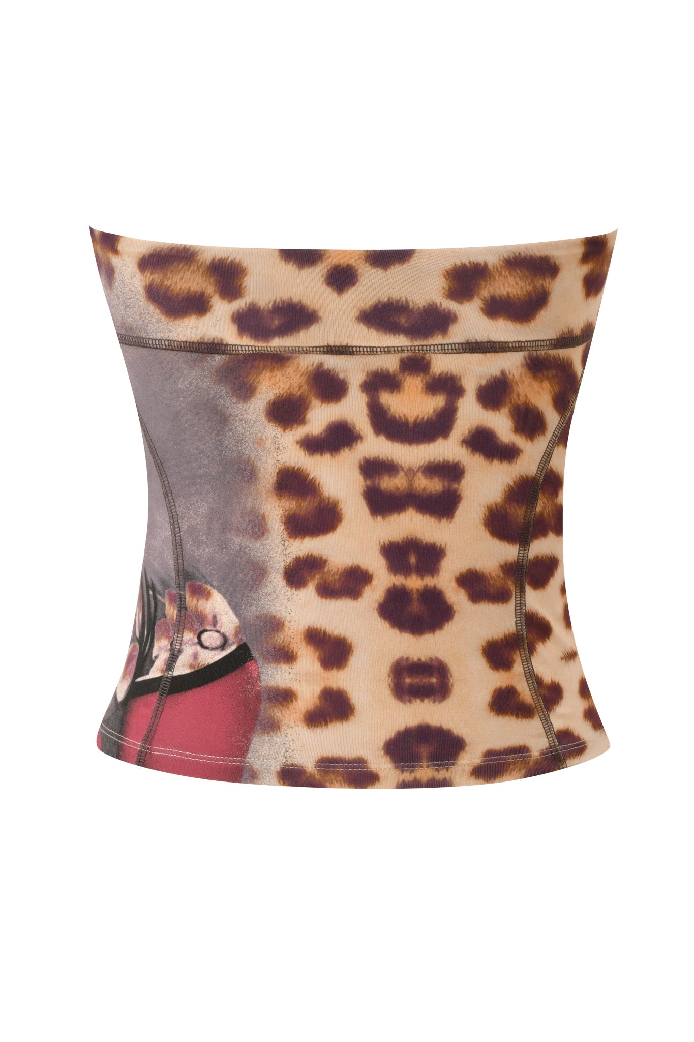The I.AM.GIA T-REX BLARE BOOB TUBE - WILD CARD is a strapless, form-fitting festival crop top featuring a bold cheetah print and a partial graphic of a woman in red and black on the left side.