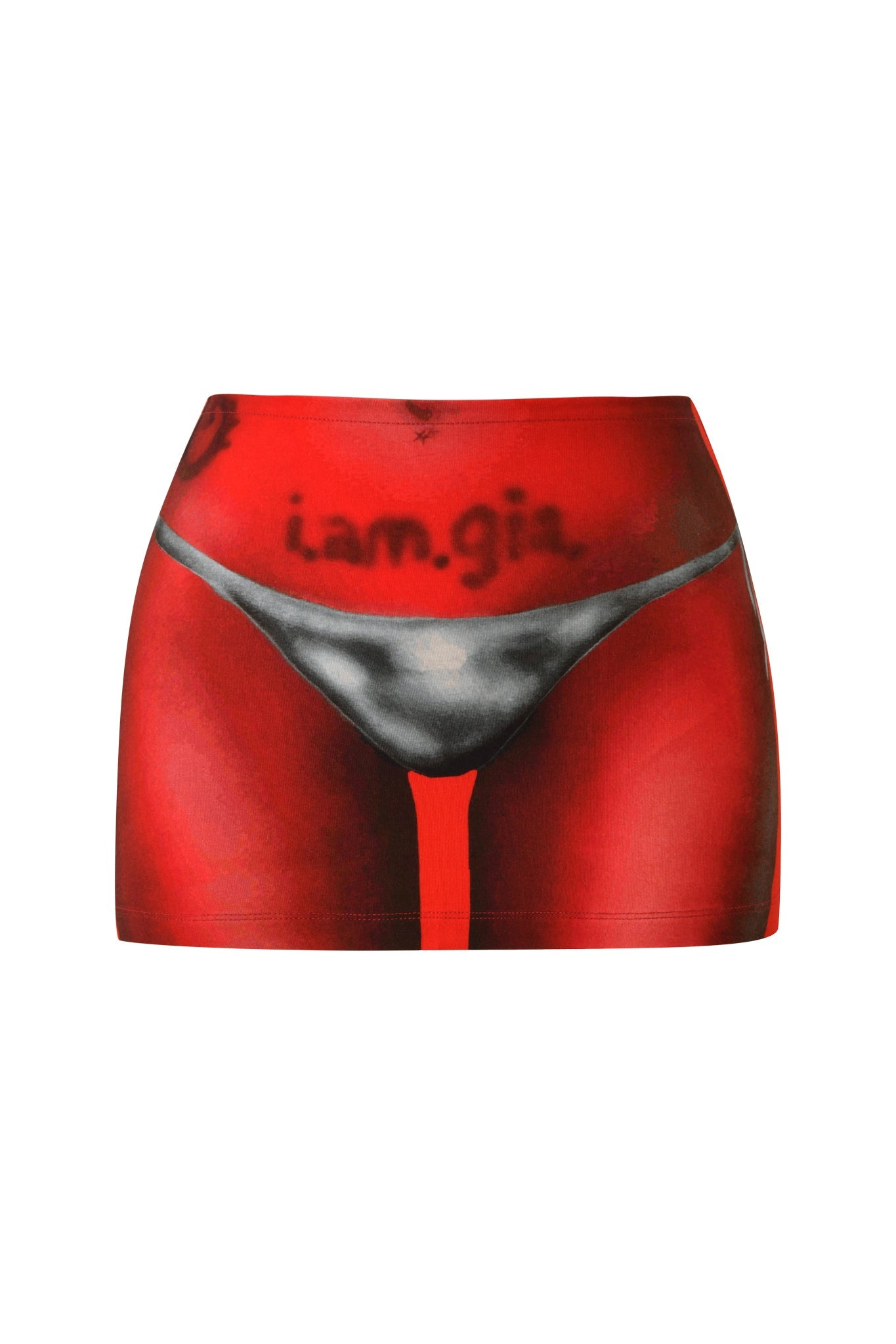 The T-REX BLARE MINI SKIRT - RED by I.AM.GIA features a red mini skirt with a printed design resembling a body wearing a gray thong, showcasing the brand's signature airbrush bikini print and "iam.gia" text above the waistband.