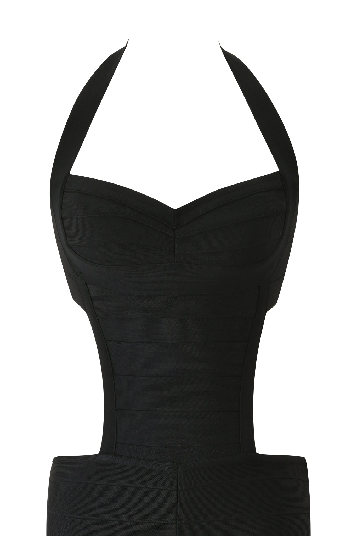 A close-up of the I.AM.GIA EVA BANDAGE CAPRI JUMPSUIT in black, shown against a white background, highlights the fitted bodice and waist details—delivering the same sculpted silhouette you’d expect from a sleek black bandage catsuit.