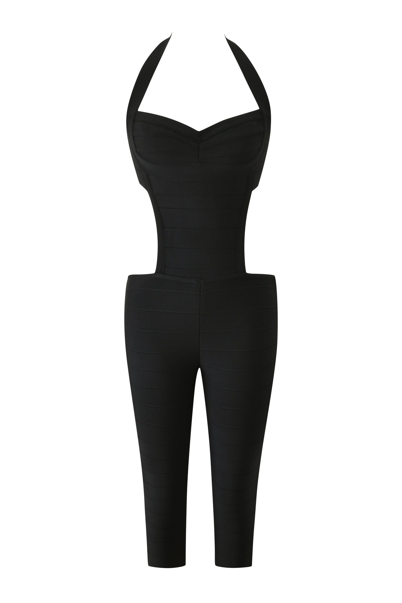 Introducing the EVA BANDAGE CAPRI JUMPSUIT - BLACK by I.AM.GIA: a sleek black halter-neck jumpsuit featuring a sweetheart neckline, contoured bodice, and cropped, form-fitting capri legs. Its modern bodycon silhouette highlights the waist and hips for a structured, sculpted look.