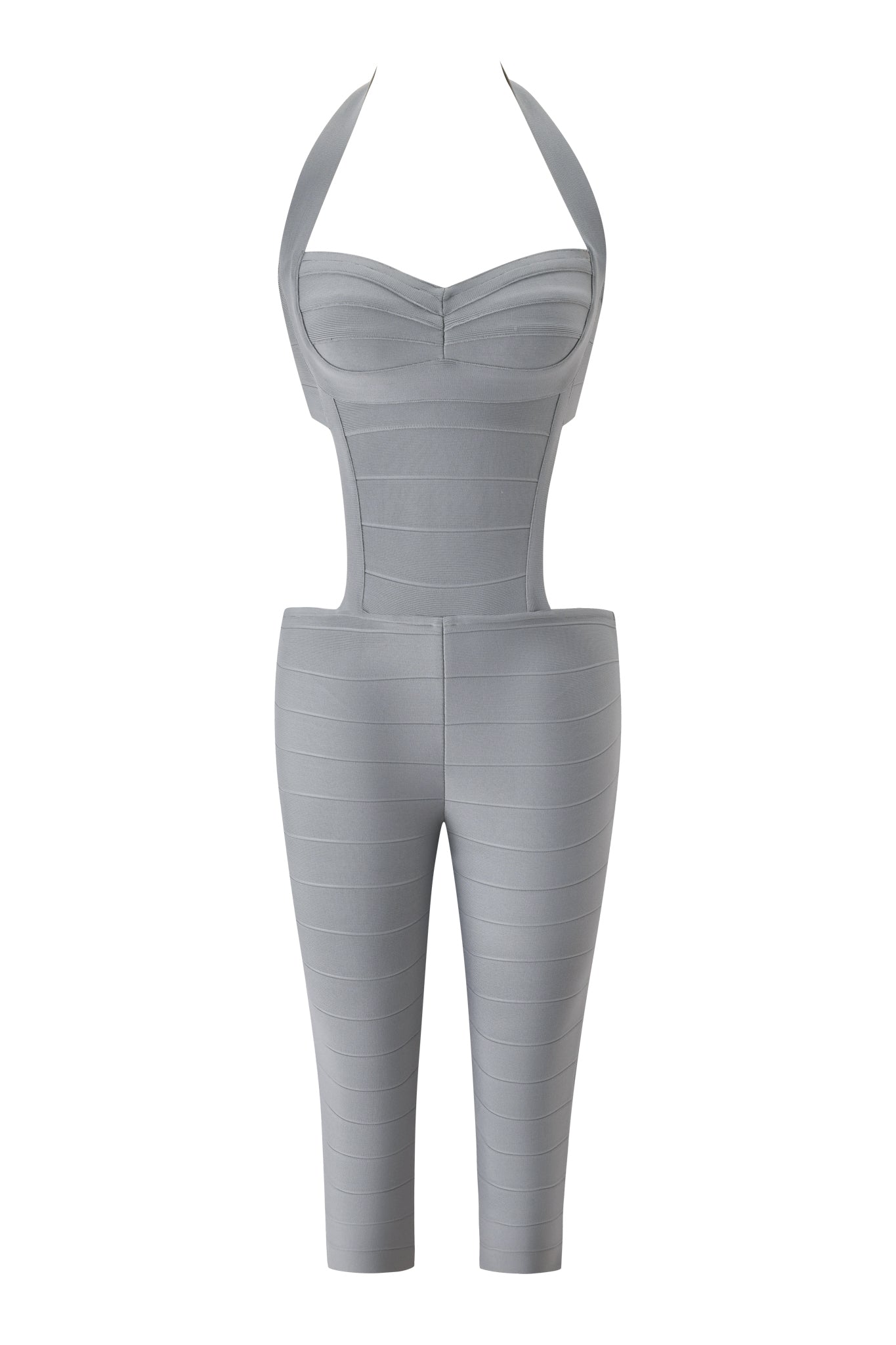 The EVA BANDAGE CAPRI JUMPSUIT - GREY by I.AM.GIA is a stylish gray halter-neck bandage jumpsuit featuring a sweetheart neckline, fitted bodice, cut-out sides, and cropped pant legs, displayed on a white background.