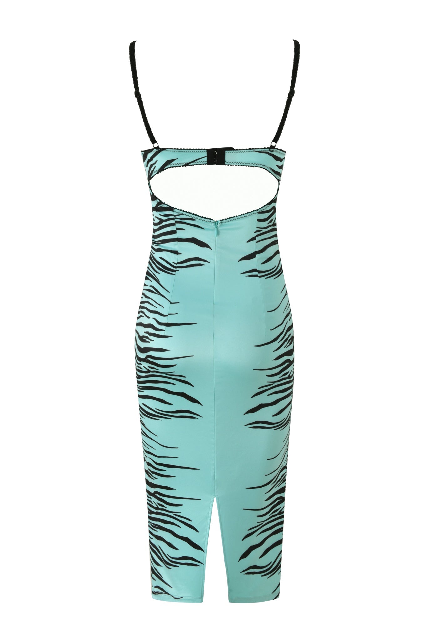 The CASSY MIDI DRESS by I.AM.GIA is a sleeveless, bodycon dress featuring an aqua fine line zebra print with black tiger stripes, thin black straps, a chest cutout, and a front slit near the hem.