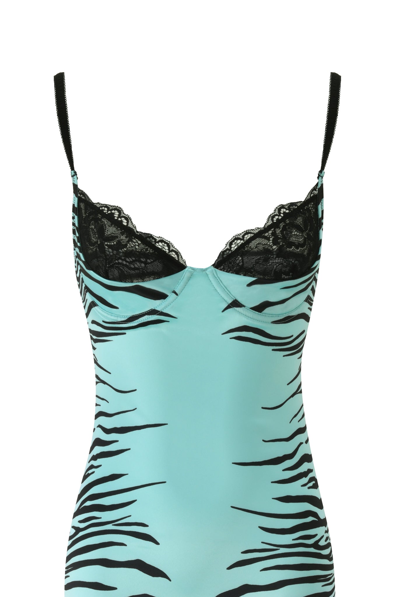 The CASSY MIDI DRESS - AQUA FINE LINE ZEBRA by I.AM.GIA is displayed on a white background, featuring an aqua fine line zebra print with black tiger stripes, thin straps, and black lace detailing on the bust.