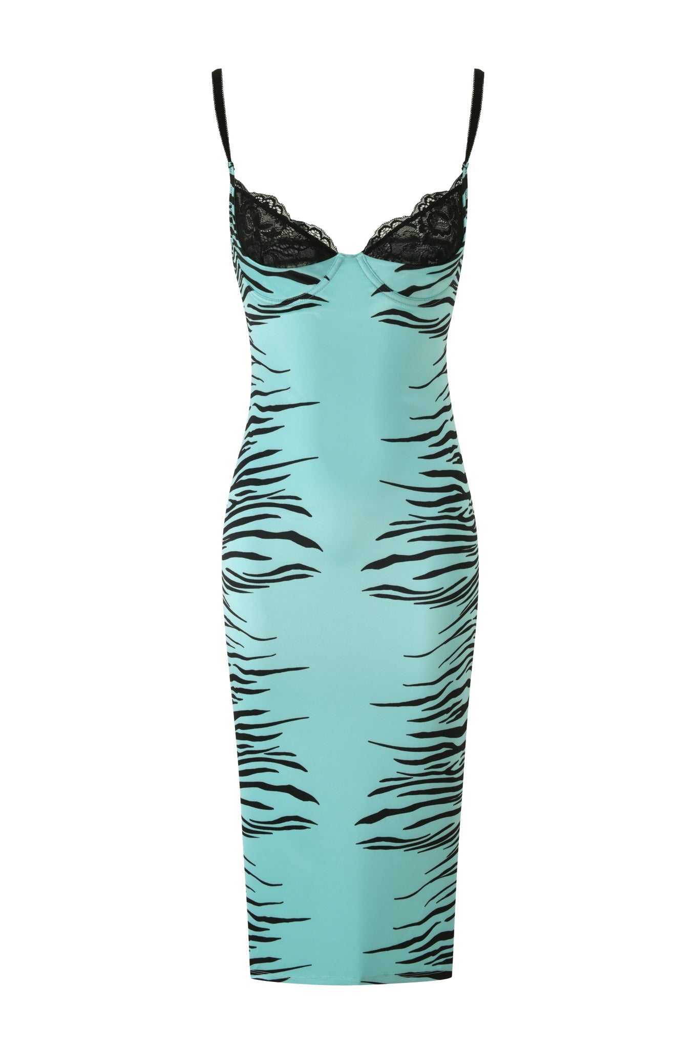 The CASSY MIDI DRESS - AQUA FINE LINE ZEBRA by I.AM.GIA is a sleeveless, bodycon dress featuring an aqua fine line zebra print with black stripes on a white background and black lace trim on the bust.