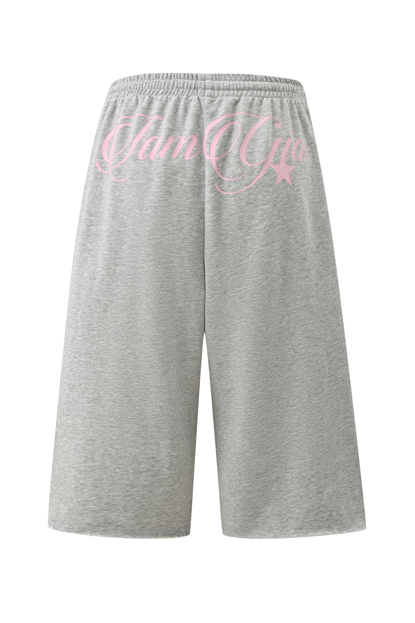 The BEX TERRY SHORT - GREY by I.AM.GIA features a relaxed fit in gray marle jersey with an elasticated waistband, shown from the back. “IamGia” is written in pink cursive text across the waistband area.