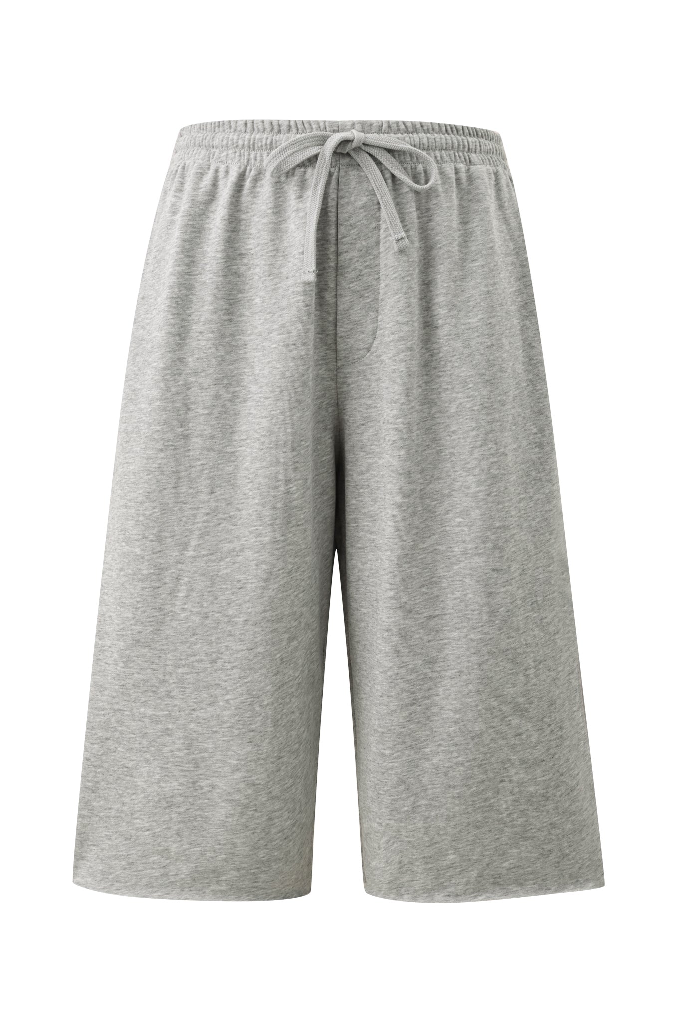 The I.AM.GIA BEX TERRY SHORT - GREY features a relaxed fit and an elasticated drawstring waistband, crafted from gray marle jersey. Displayed against a plain white background, these shorts offer a simple, casual design that looks comfortable for everyday wear.