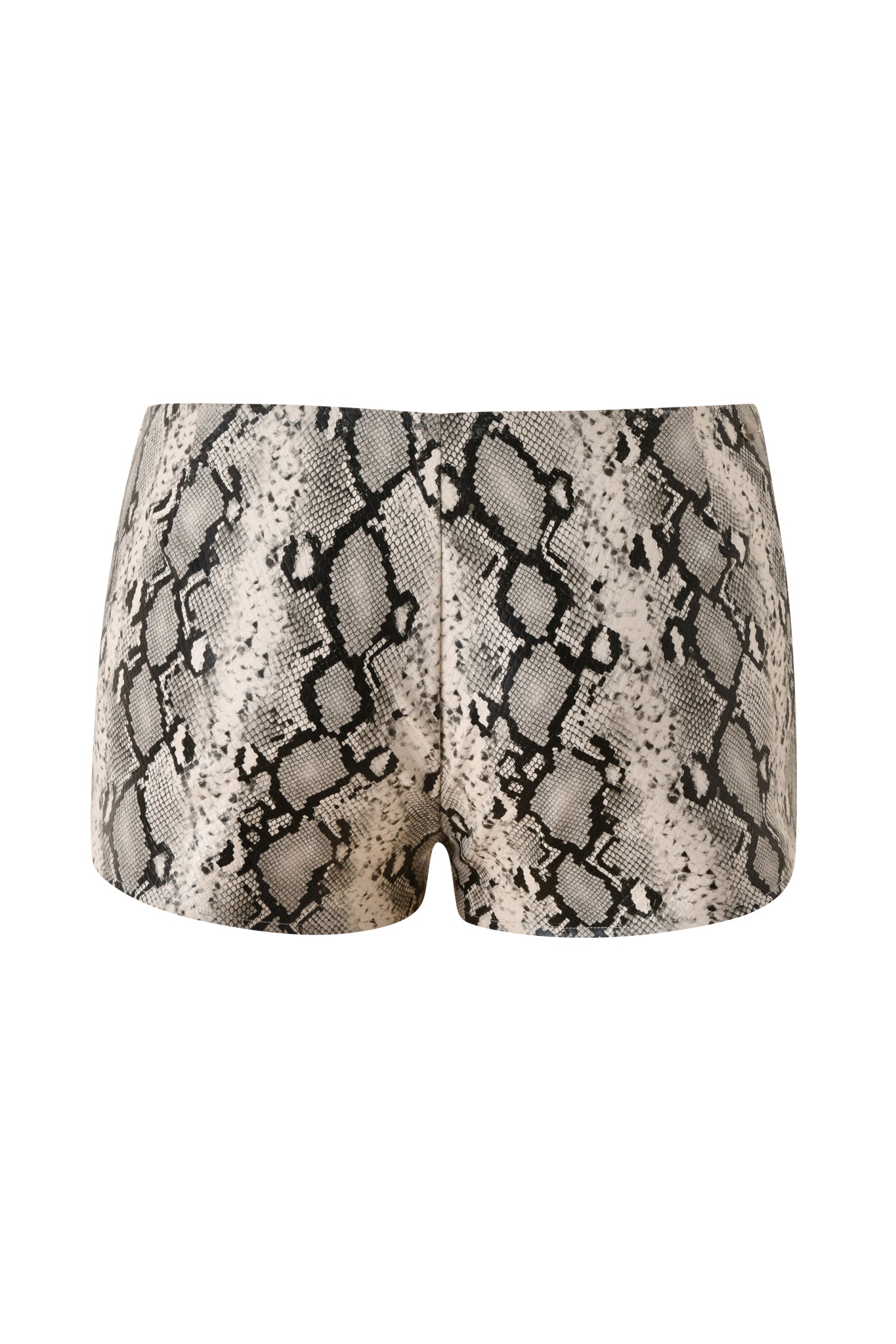 The ALLEGRA HOT SHORT - CREAM SNAKE by I.AM.GIA features a high-waisted cut and a chic black, white, and gray snakeskin pattern, shown from the back against a white background—making them the perfect stylish going-out shorts for any occasion.