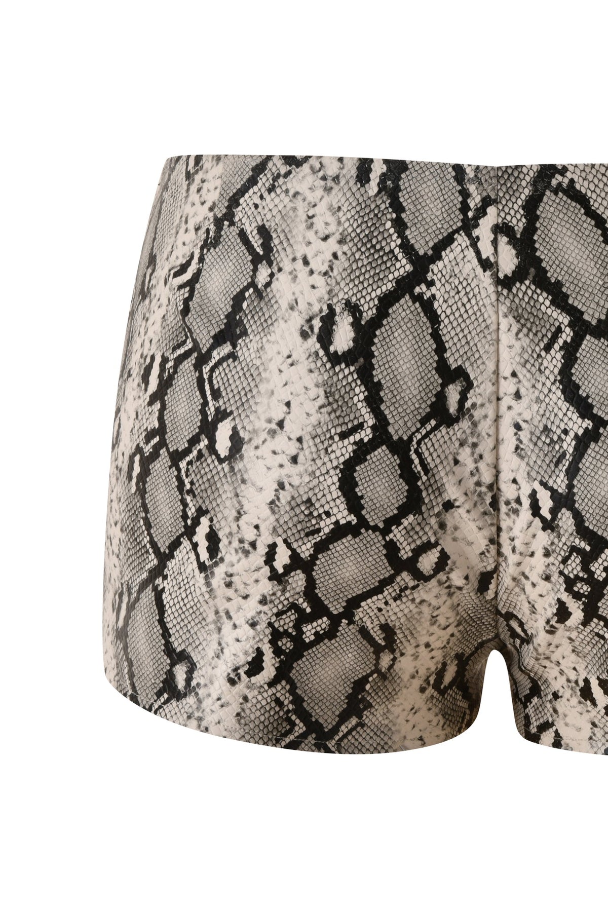 A close-up of the I.AM.GIA ALLEGRA HOT SHORT in Cream Snake, a high-waisted going-out short with a black and beige snakeskin print, displayed against a white background.