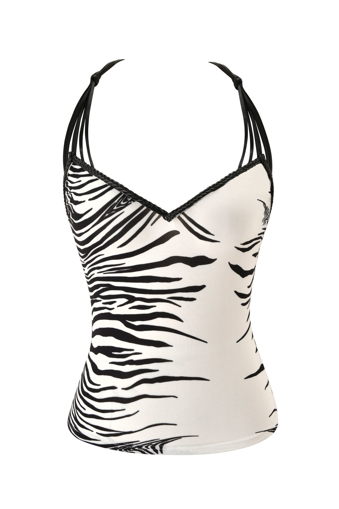 The SYD TOP - FINE LINE ZEBRA by I.AM.GIA is a sleeveless plunging halter cami featuring black spaghetti straps and a striking black-and-white zebra print, making it the perfect statement piece for your next festival outfit. Displayed on a white background.