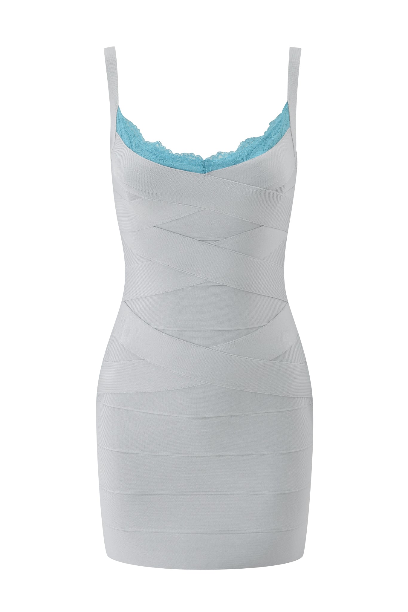 The RAYE BANDAGE LACE MINI DRESS - GREY by I.AM.GIA is a form-fitting, sleeveless mini dress featuring wide shoulder straps and a neon blue lace trim along the neckline. This bodycon silhouette showcases intersecting bands for a textured and stylish look.
