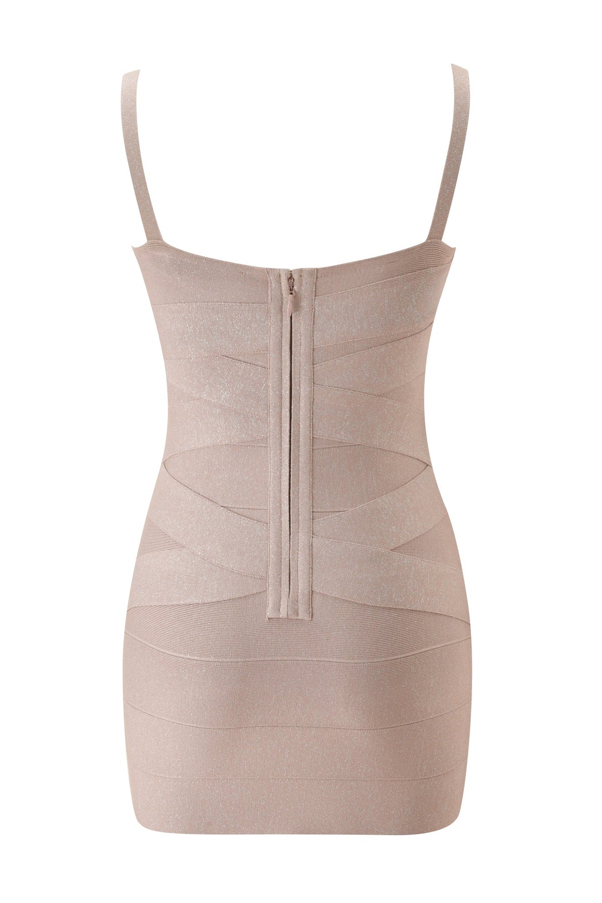 Back view of the I.AM.GIA RAYE SHIMMER BANDAGE LACE MINI DRESS in neutral shimmer, a bandage mini dress featuring thin straps and a center back zipper.
