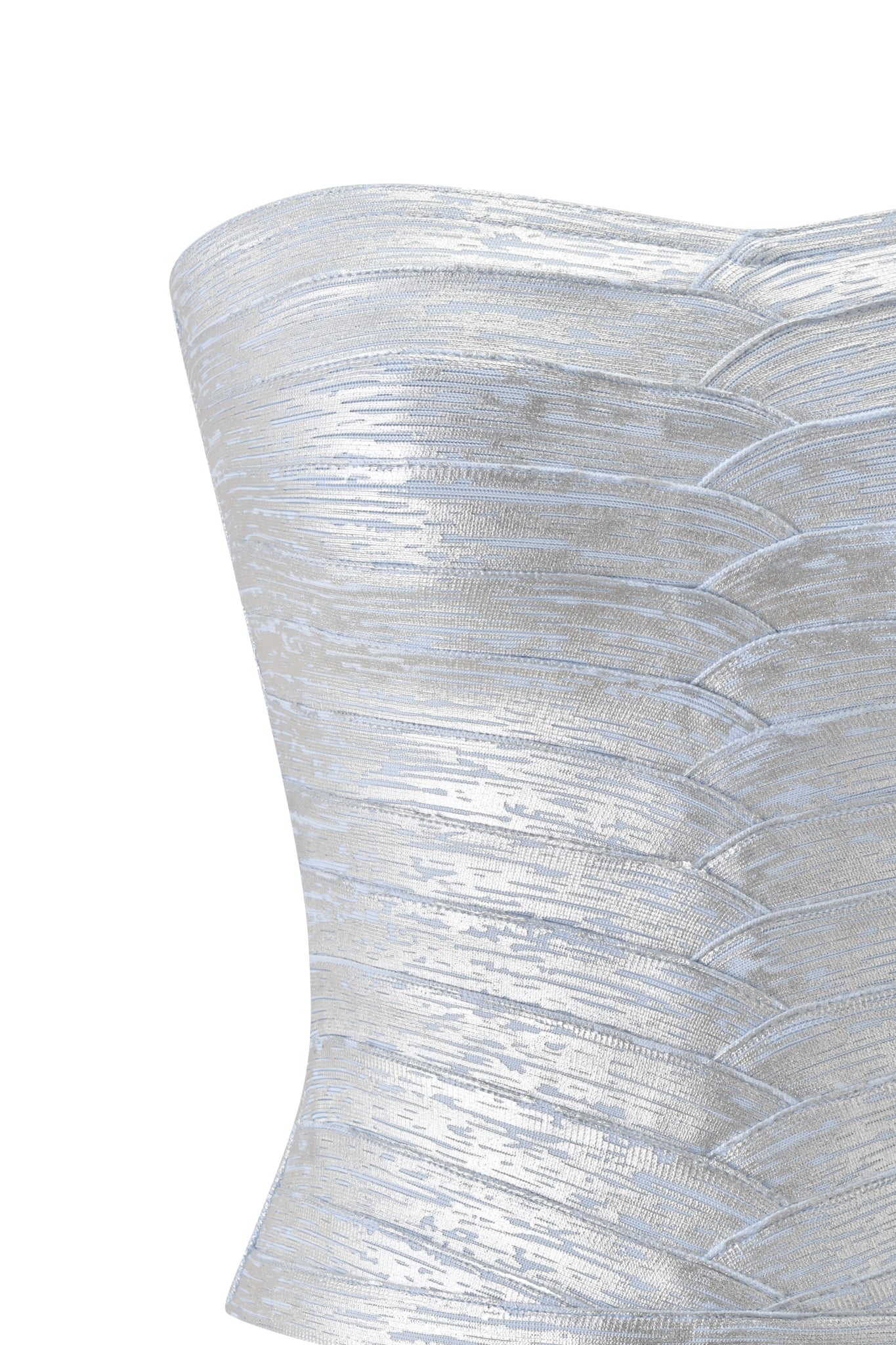 A close-up of the I.AM.GIA KHIA BANDAGE BOOB TUBE in Metallic Blue features textured horizontal lines and a bodycon fit, highlighting its sleek silhouette against a white background.