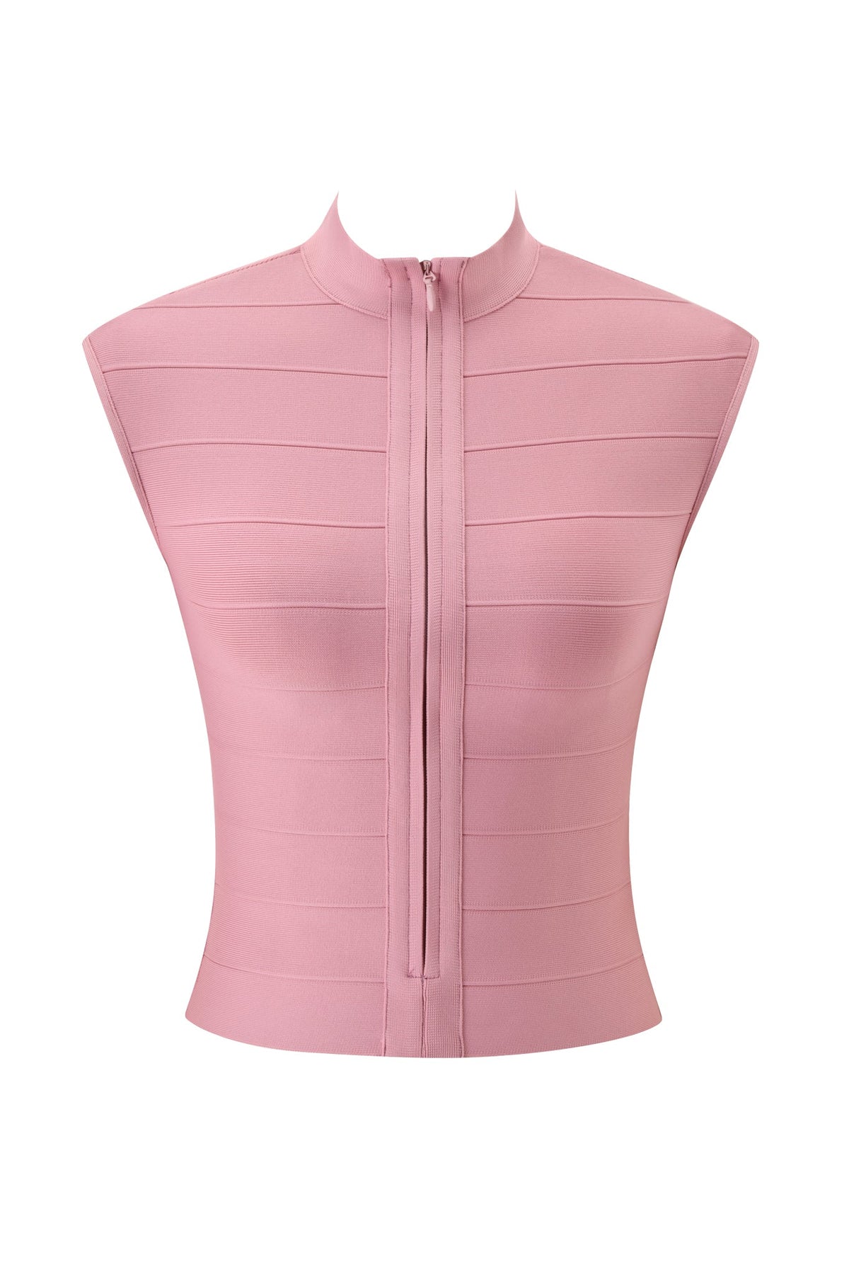 ISELA BANDAGE TOP - DUSTY ROSE by I.AM.GIA: A sleeveless, high-neck crop top in dusty rose featuring a horizontal ribbed texture, bodycon fit, and front zipper detail.