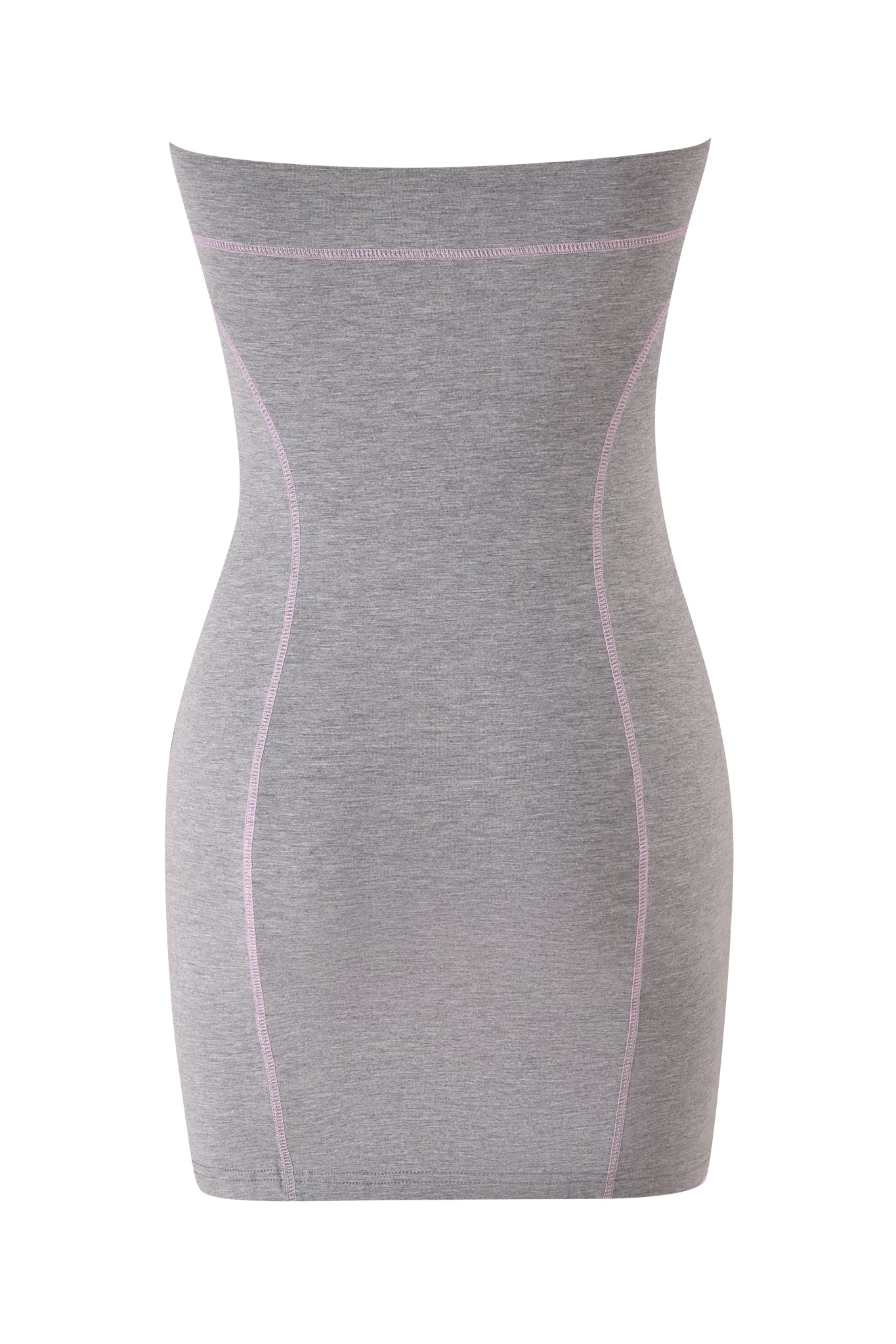 The BLARE TUBE MINI DRESS in Heather Grey by I.AM.GIA is a high-waisted, bodycon mini dress featuring pink accent stitching. Designed to smooth and contour the waist, hips, and abdomen, the stretchy fabric ensures a form-fitting silhouette.