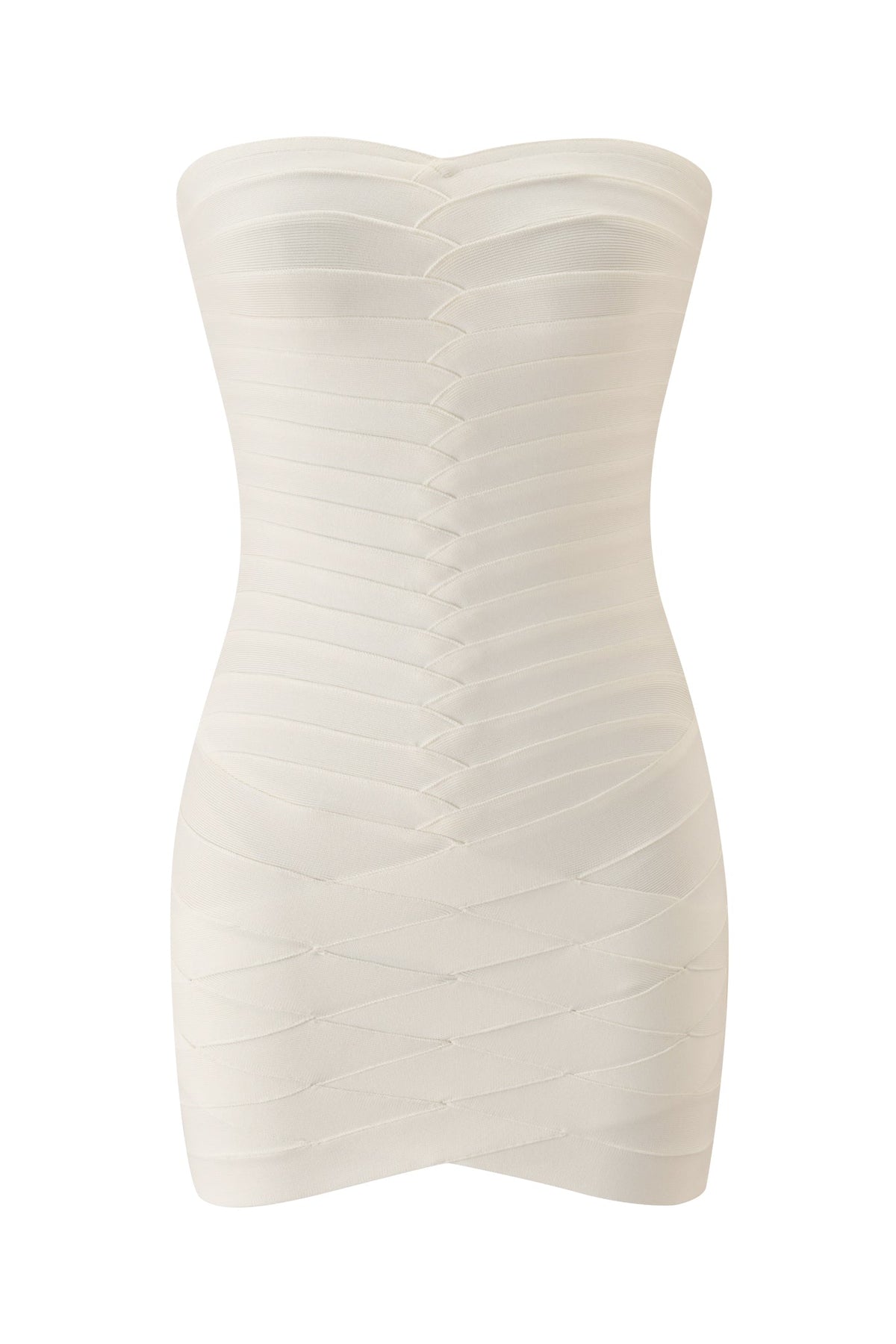 The KHIA BANDAGE TUBE MINI DRESS in white by I.AM.GIA is a strapless, fitted mini dress crafted from bandage knit fabric. Its sculpted silhouette features horizontal and diagonal paneling for a structured, body-hugging look against a crisp white background.