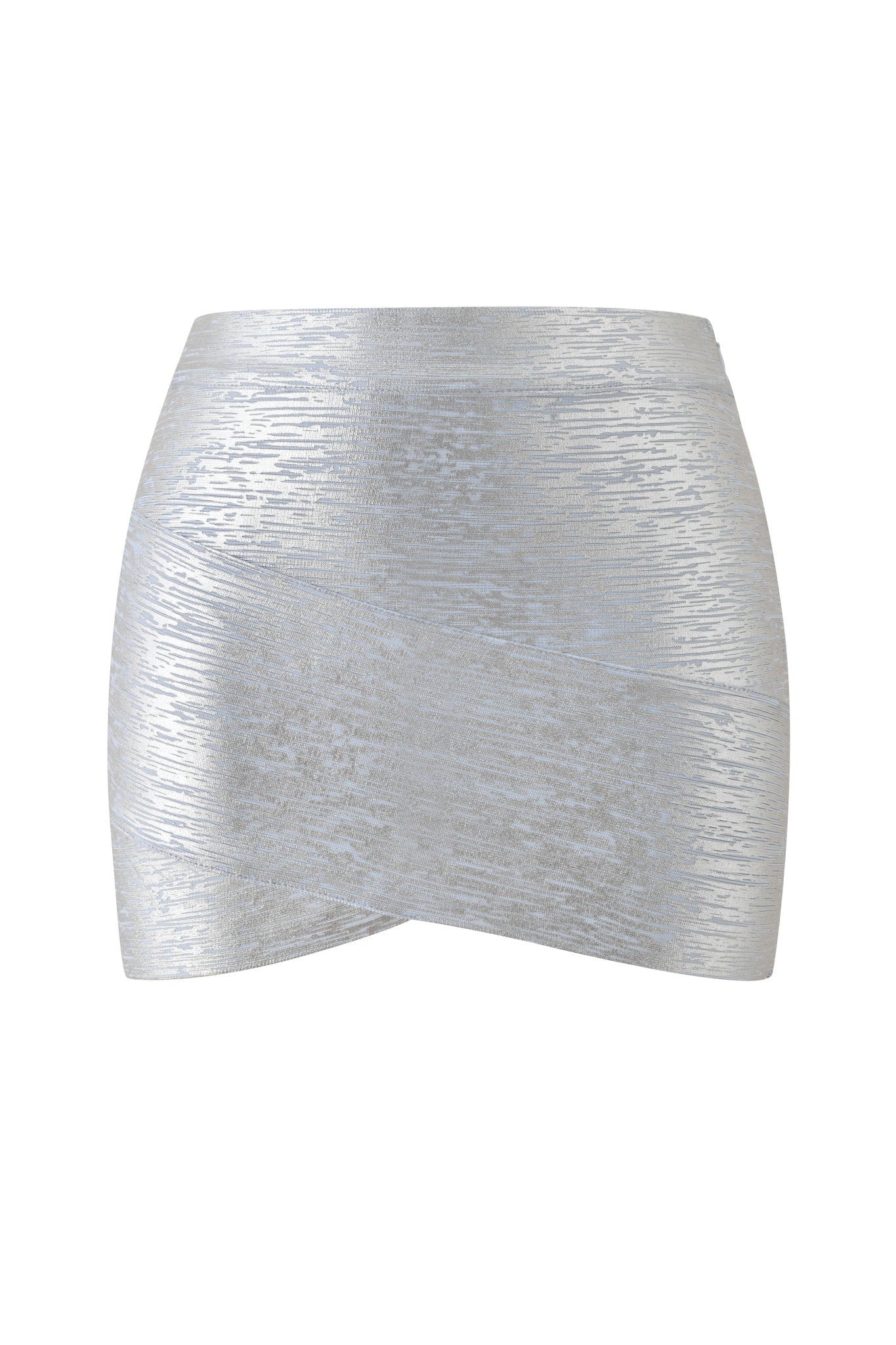 The I.AM.GIA ISELA PLATINUM BANDAGE MINI SKIRT in metallic blue features a subtle textured pattern and a slight wrap detail at the hem, offering a bodycon fit reminiscent of a micro-mini bandage skirt, shown against a white background.