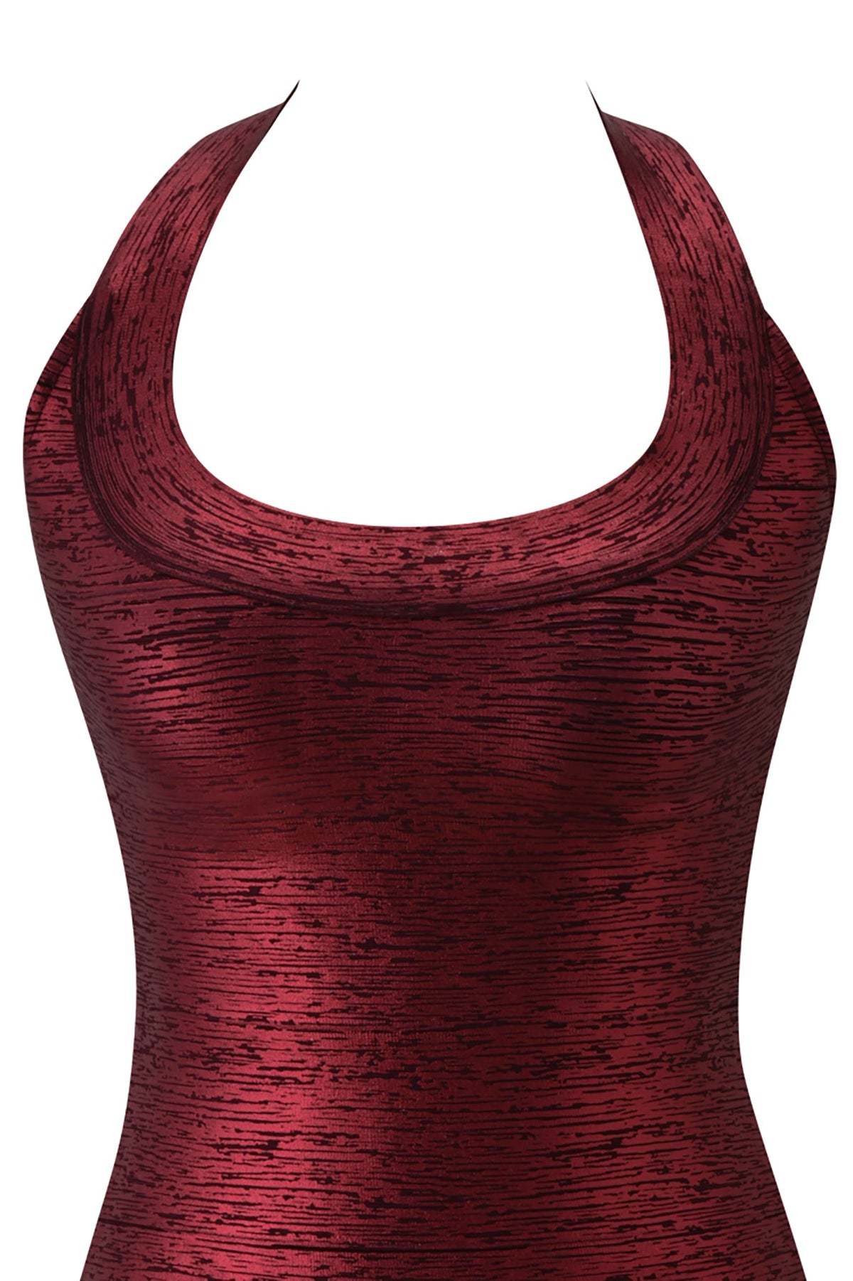 SASHYA BANDAGE MINI DRESS - METALLIC CRIMSON metallic red bandage bodycon mini dress with a scoop halter neckline.