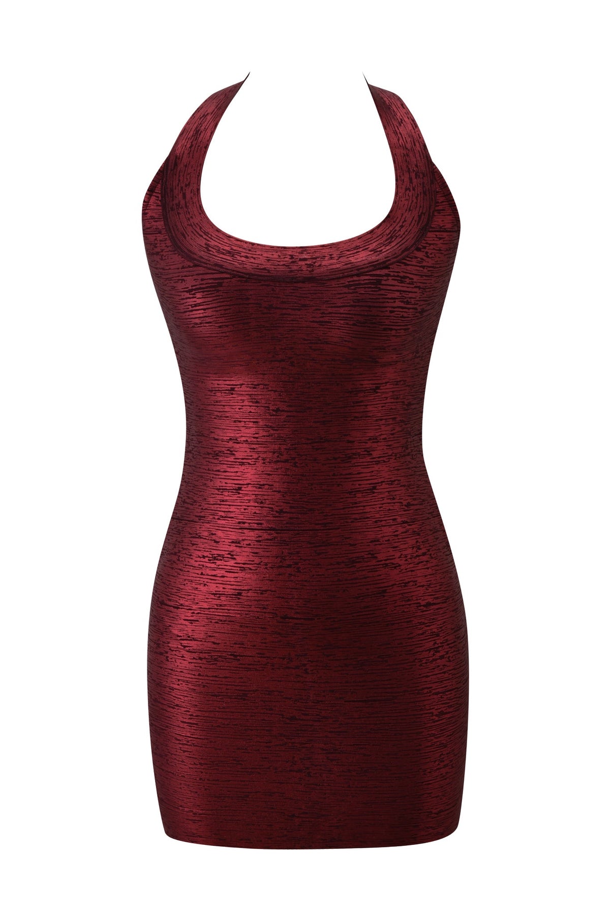 I.AM.GIA SASHYA BANDAGE MINI DRESS in metallic crimson, featuring a scoop neck and halter-style straps.