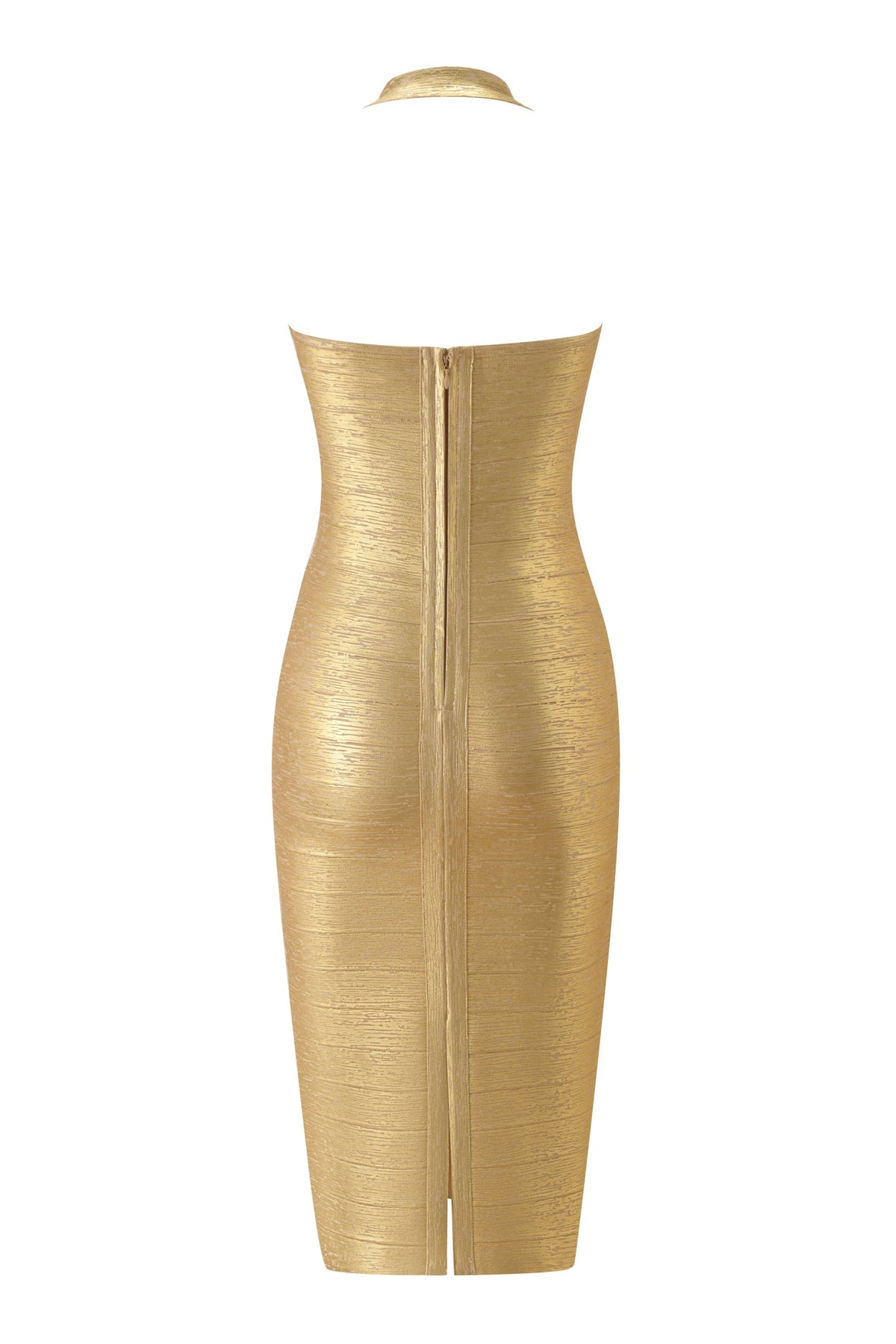 Back view of the AIDEN PLATINUM BANDAGE MIDI DRESS - GOLD, a strapless, gold bandage midi dress featuring a full-length back zipper and a small back vent.