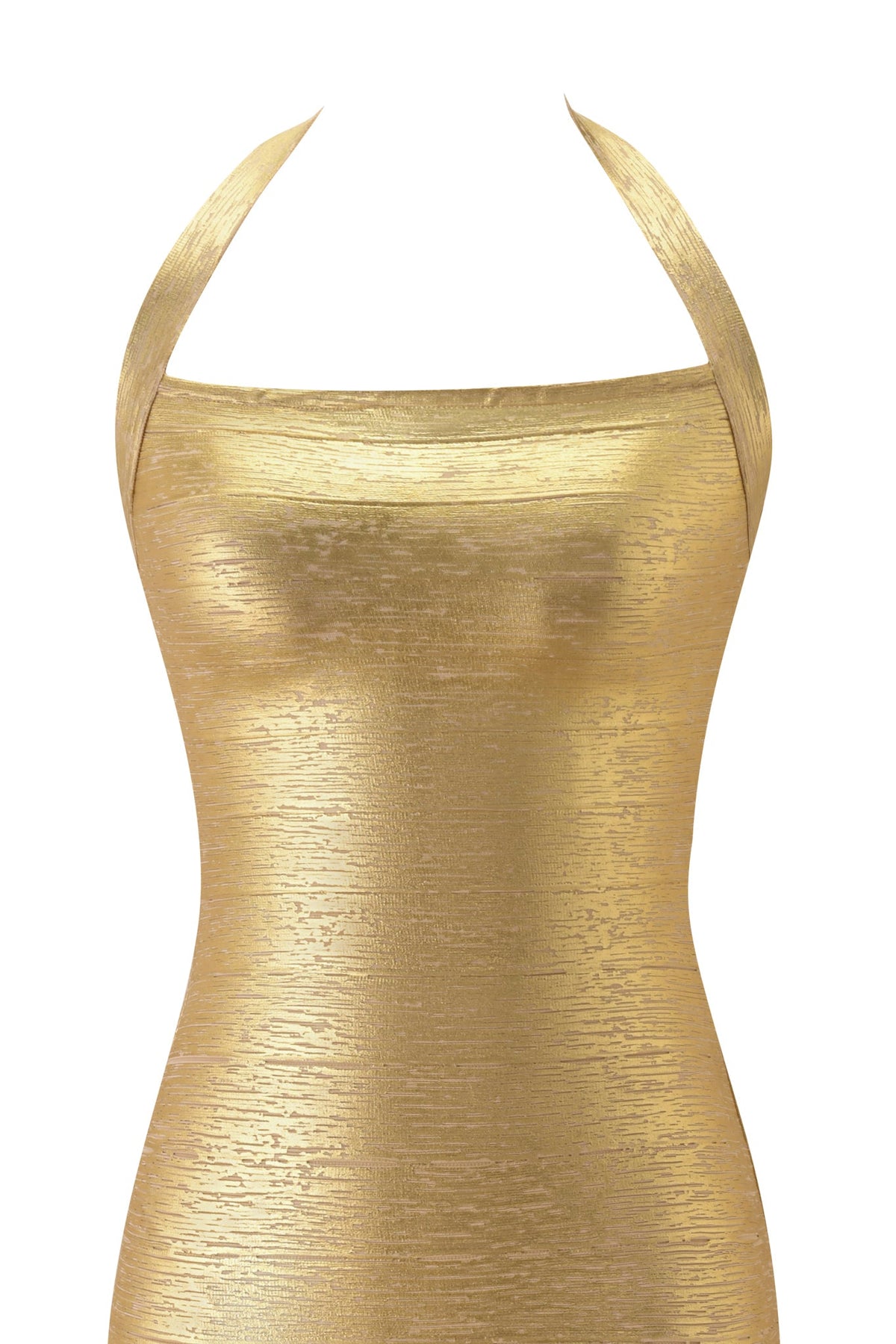 AIDEN PLATINUM BANDAGE MIDI DRESS - GOLD metallic bandage midi dress with a square neckline and halter straps.