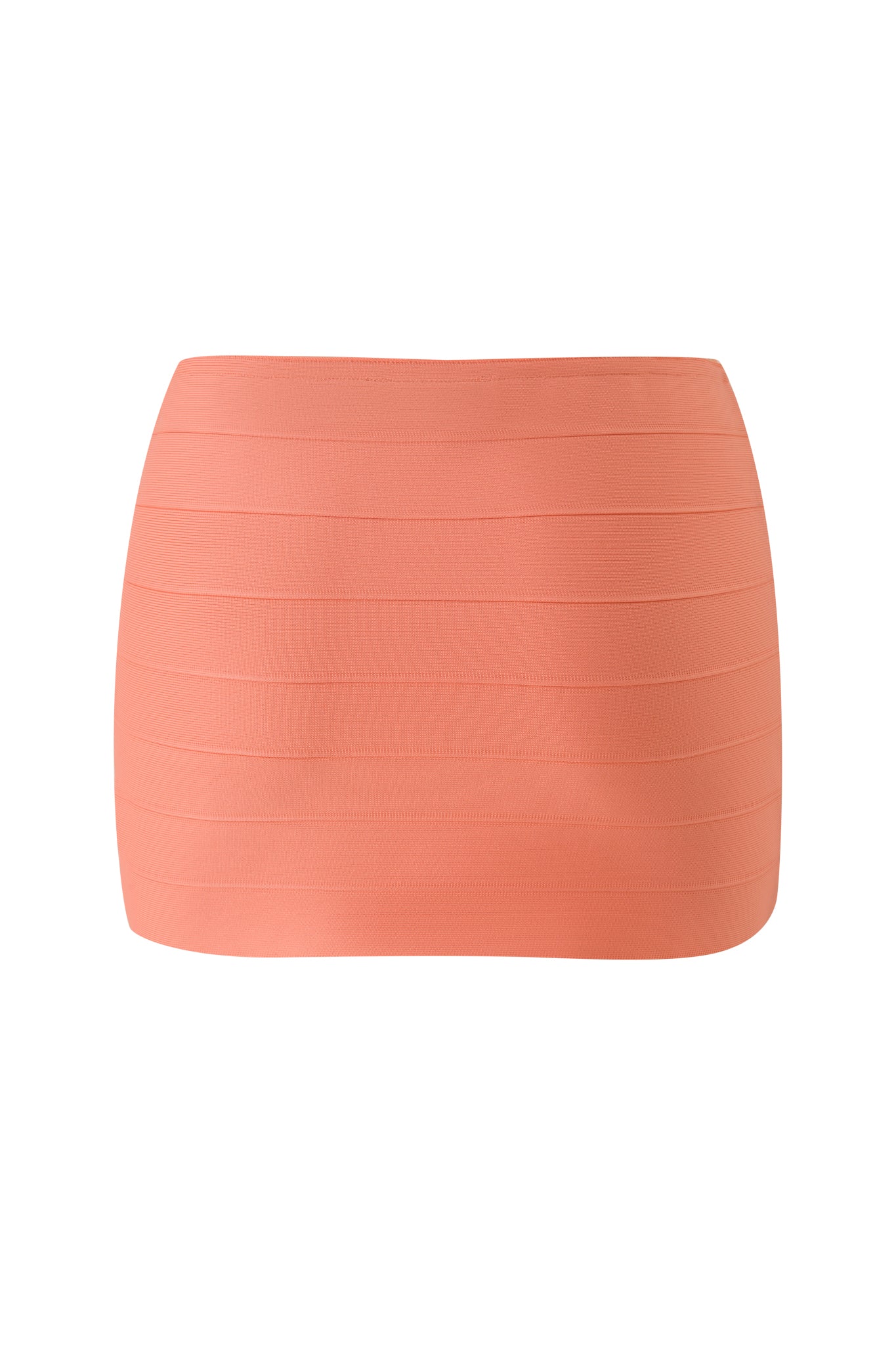 The AIDEN BANDAGE MINI SKIRT in neon peach by I.AM.GIA is a high-waisted, bodycon mini skirt featuring horizontal panel detailing in a classic bandage knit style, shown against a white background.