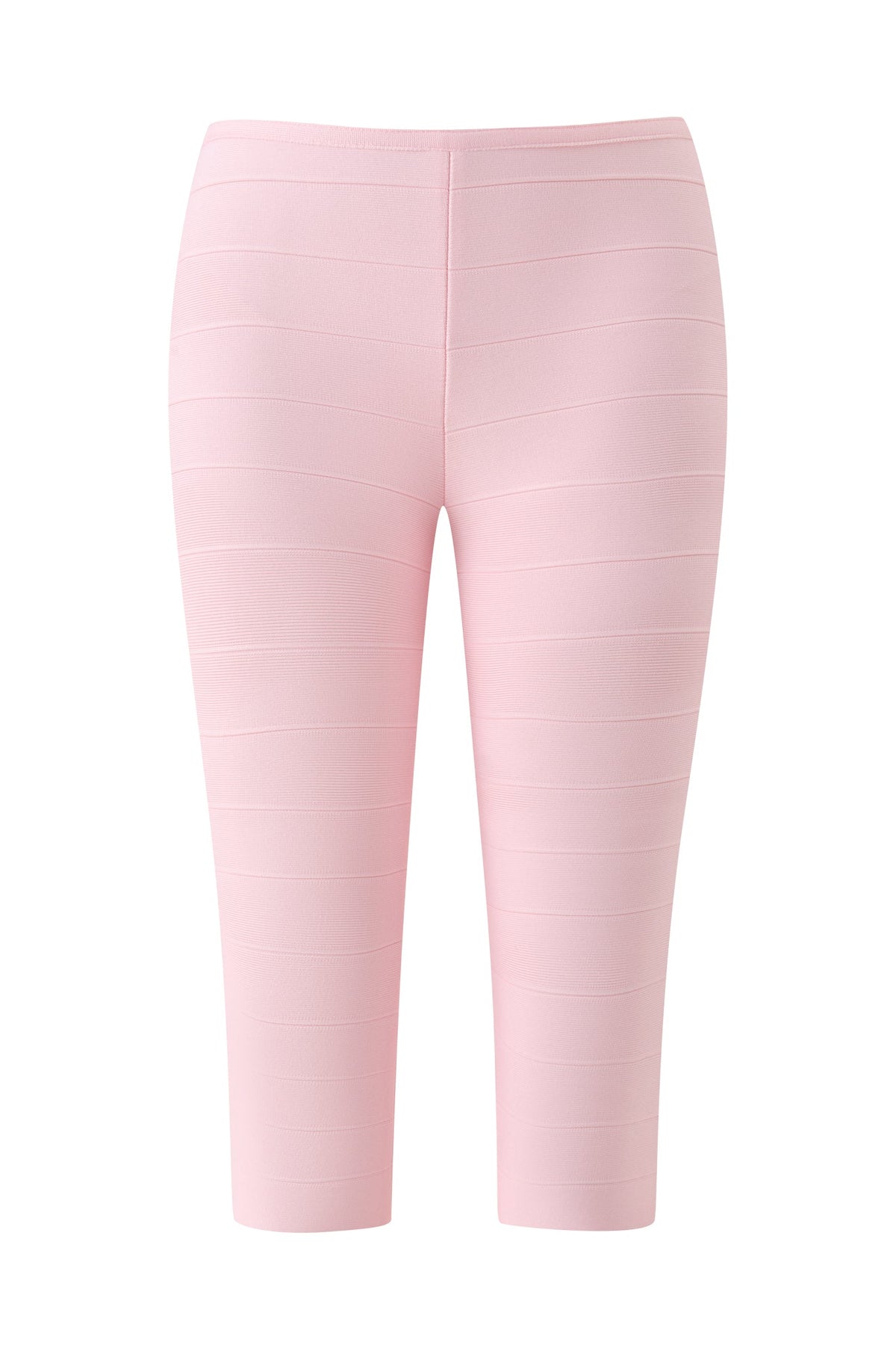 MAEVE BANDAGE CAPRI - BABY PINK by I.AM.GIA: Baby pink, high-waisted, fitted capri pants featuring horizontal seam detailing, displayed against a white background.