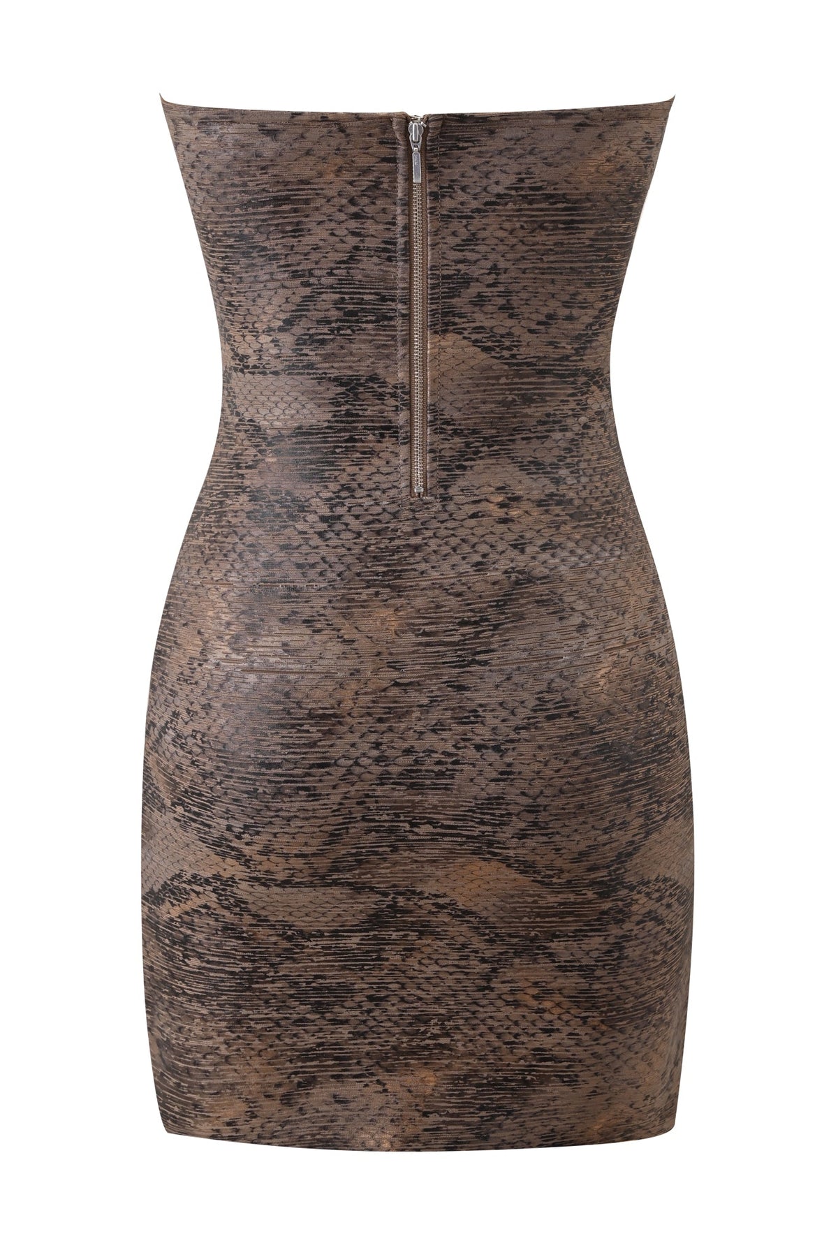 The NIKA REPTILE BANDAGE MINI DRESS - BRONZE PYTHON by I.AM.GIA is a strapless, bodycon mini dress featuring a brown and black snakeskin print, with a fitted, bandage silhouette and a prominent center-back zipper.