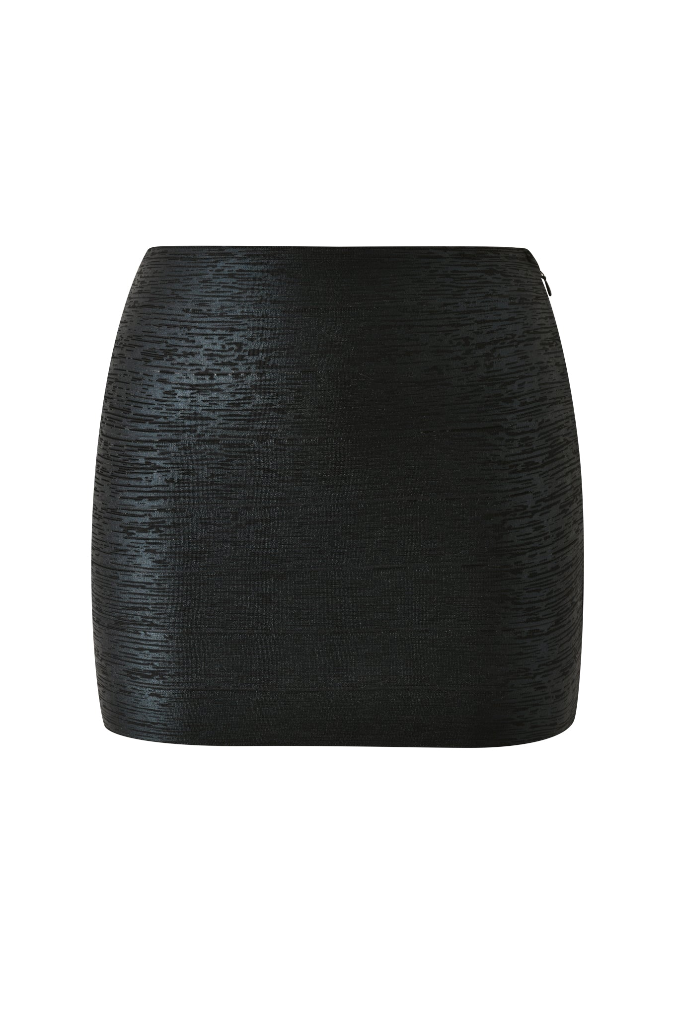 The AIDEN PLATINUM BANDAGE MINI SKIRT - BLACK by I.AM.GIA is a metallic black mini skirt featuring a bodycon fit and subtle horizontal textured pattern. Showcased against a white background, this modern and chic skirt draws inspiration from classic bandage styles for a flattering silhouette.