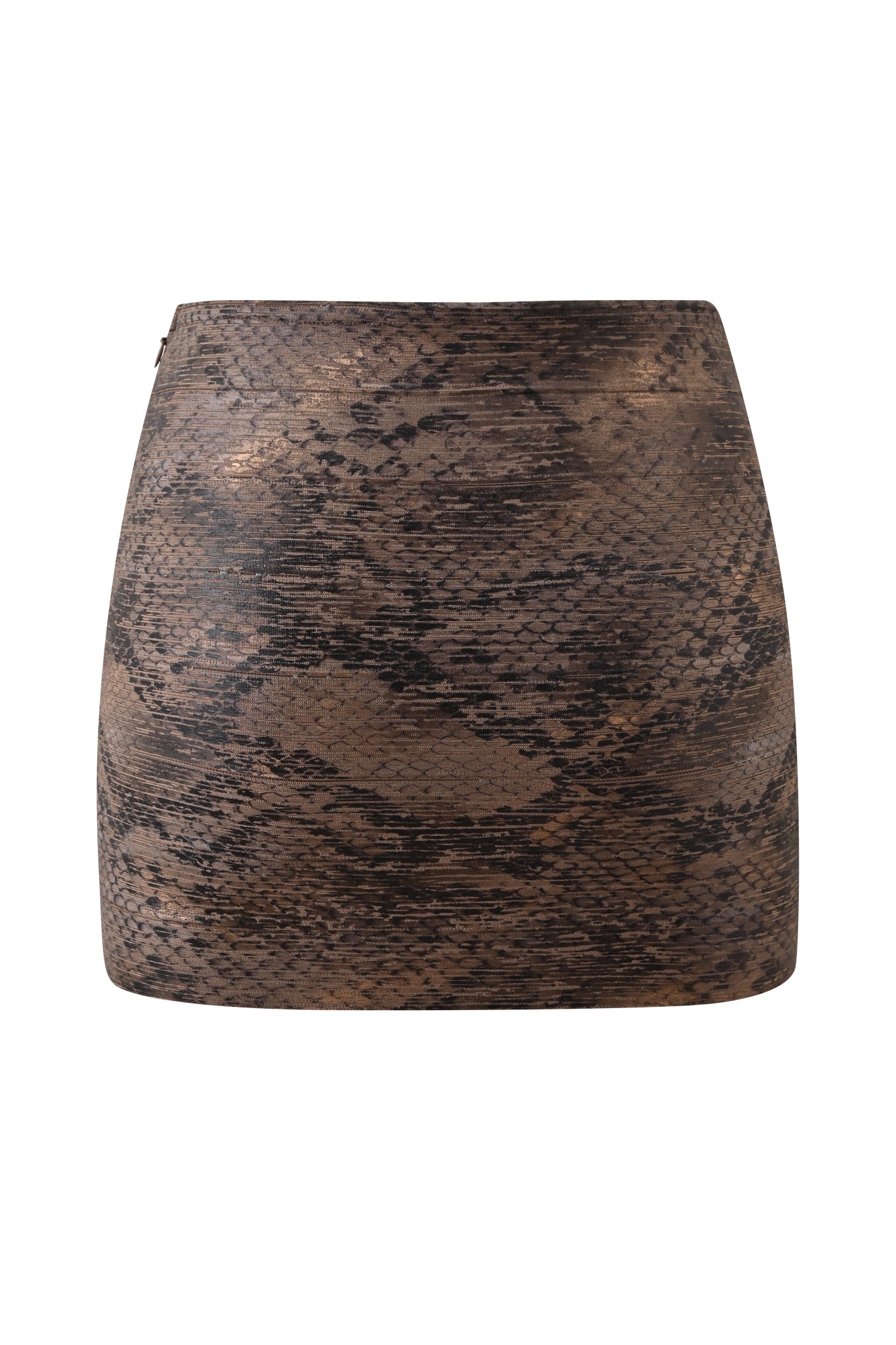 The AIDEN PLATINUM BANDAGE MINI SKIRT - BRONZE PYTHON by I.AM.GIA is a short bronze mini skirt featuring a striking black python pattern, displayed from the front against a plain white background. This snakeskin-inspired piece brings an edgy, contemporary flair to your wardrobe.