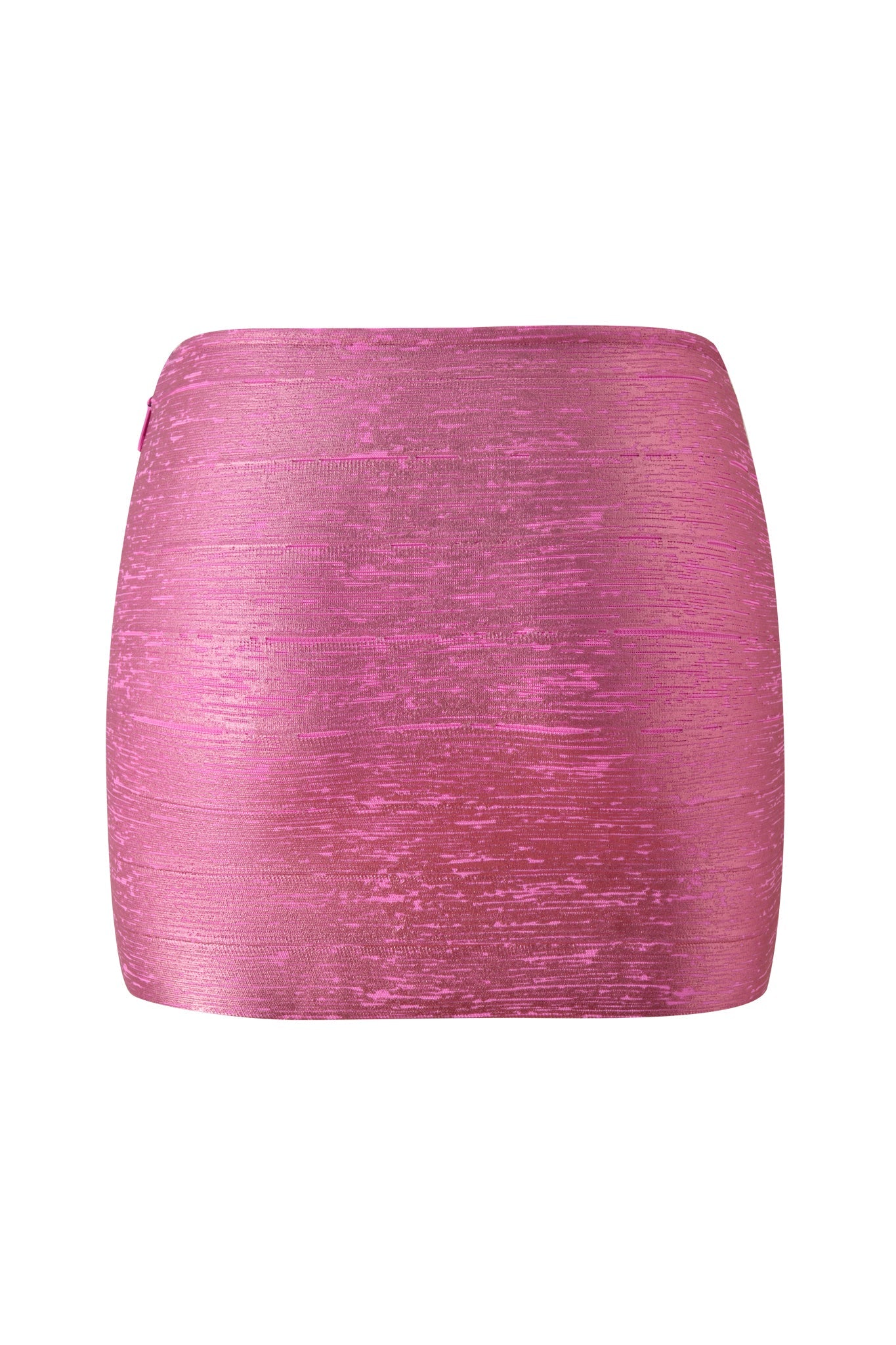The AIDEN PLATINUM BANDAGE MINI SKIRT - FUCHSIA by I.AM.GIA features a striking metallic fuchsia finish with a sleek, straight silhouette and a smooth texture, making it a bold party statement piece shown against a plain white background.
