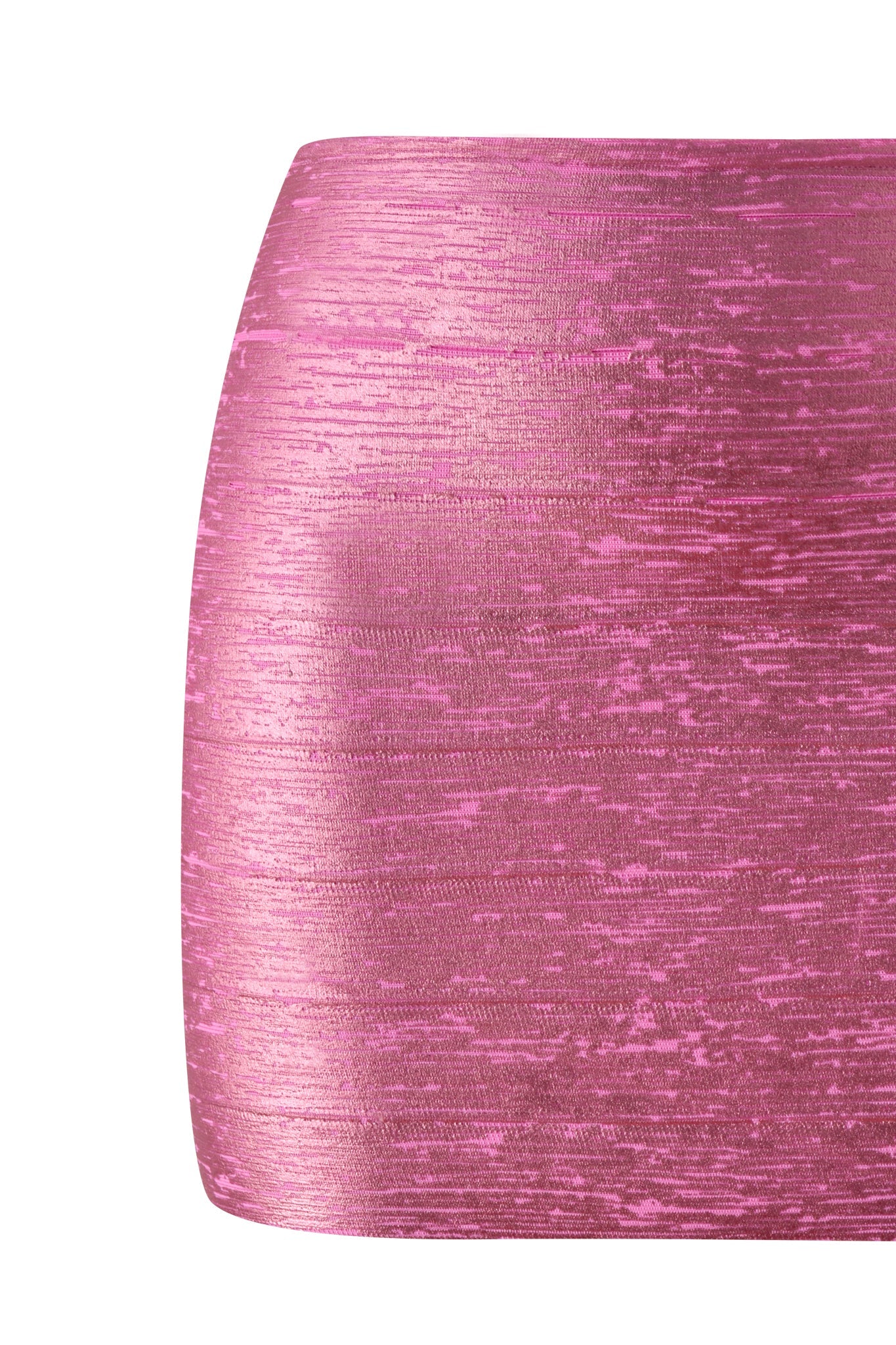 A close-up of the I.AM.GIA AIDEN PLATINUM BANDAGE MINI SKIRT in fuchsia, featuring a shiny, textured finish and a subtle horizontal pattern, displayed against a white background.