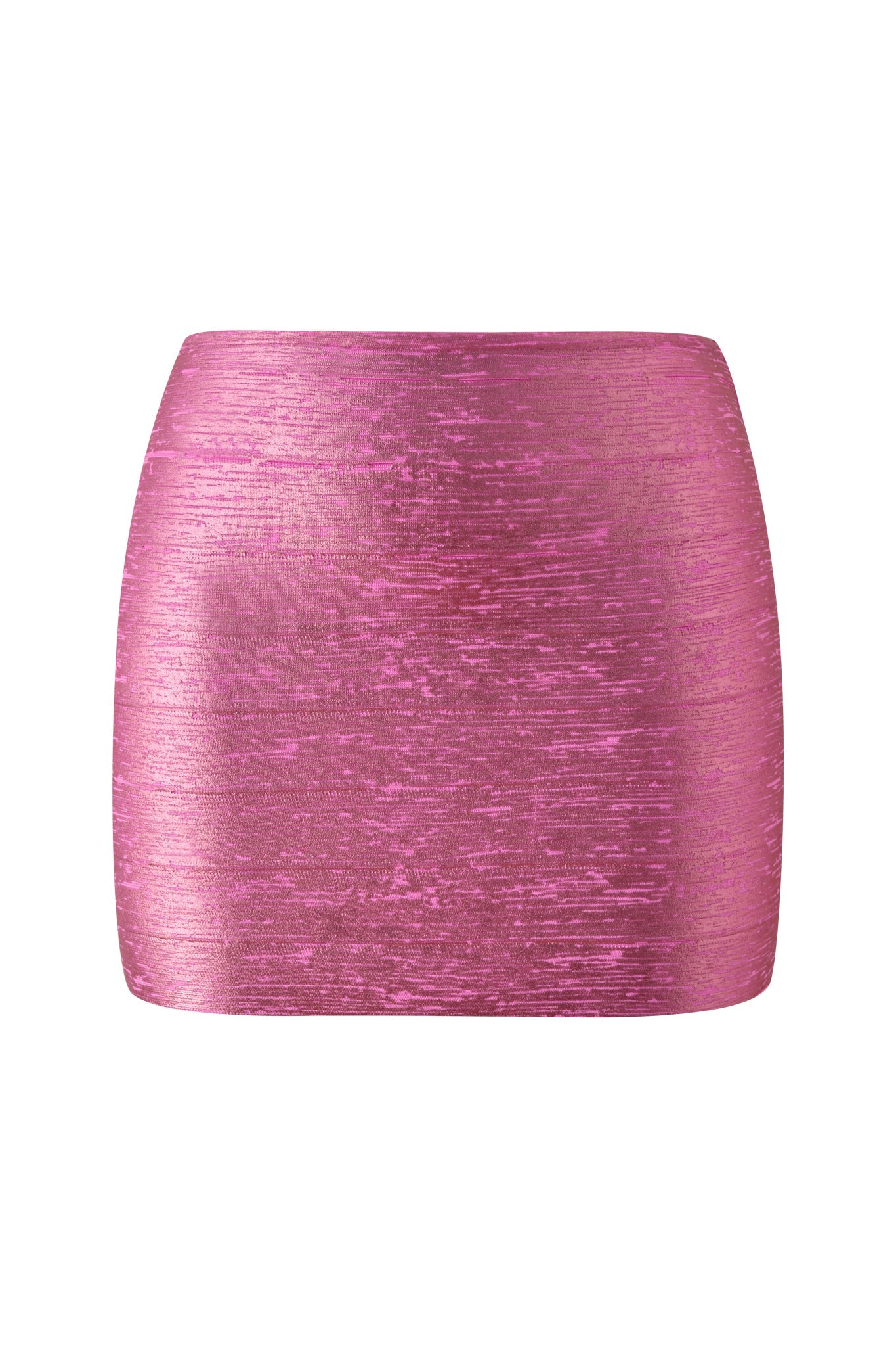 The AIDEN PLATINUM BANDAGE MINI SKIRT in fuchsia by I.AM.GIA features a shiny, metallic finish with a fitted, straight silhouette and subtle horizontal texture—perfect for making a statement at any party.