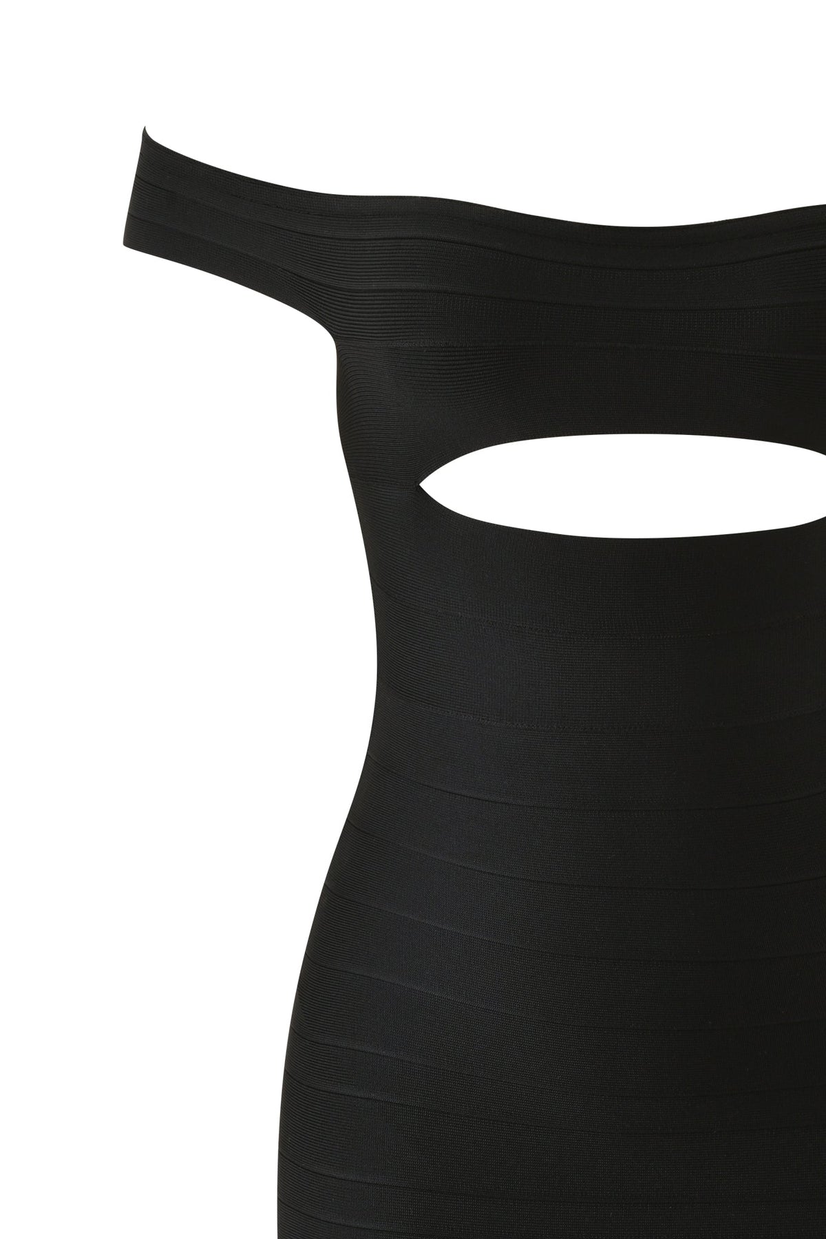 I.AM.GIA CHAR OFF SHOULDER BANDAGE MINI DRESS in black, featuring an off-the-shoulder neckline and a chest cutout.