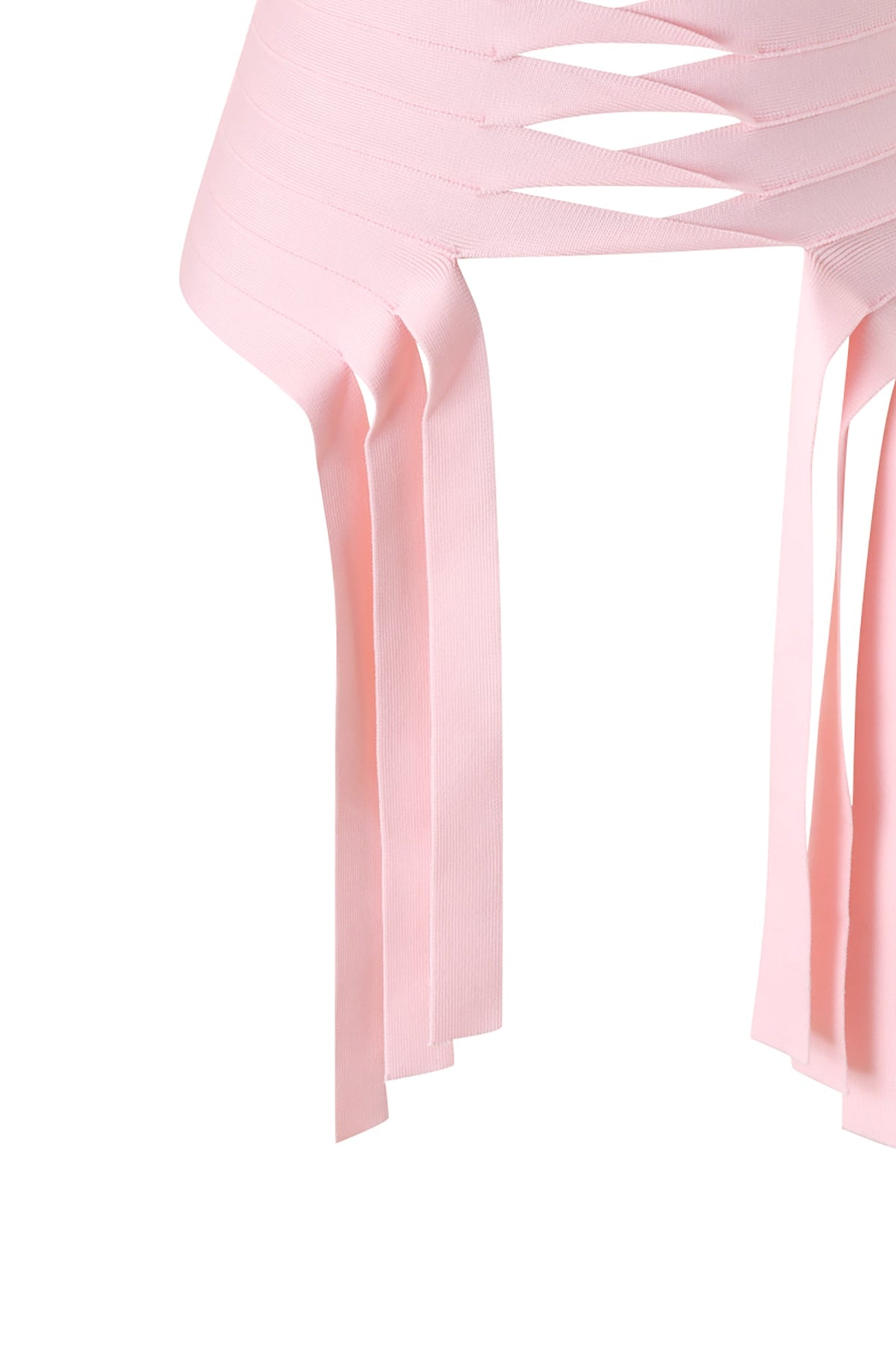 Close-up of the I.AM.GIA MAEVE BANDAGE TOP in baby pink, featuring horizontal slits and long vertical fringe-like strips. The soft, stretchy material makes this strapless top perfect for a date night.