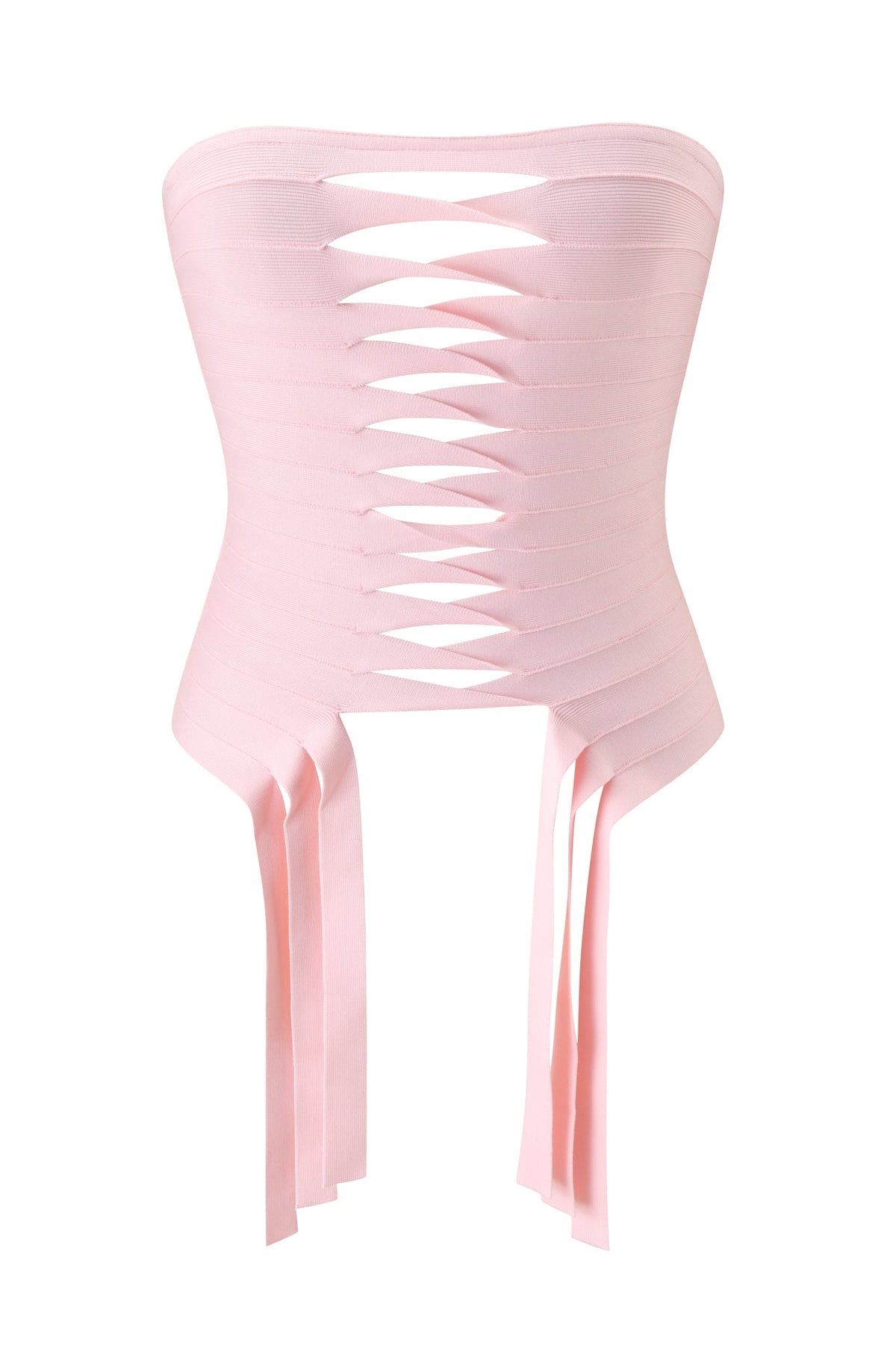 Introducing the MAEVE BANDAGE TOP - BABY PINK by I.AM.GIA: This bodycon tube top features a light pink, strapless design with a striking lattice front and long ribbon-like strips cascading from the bottom edges. Perfect for your next date night, this statement piece exudes elegance and charm as an ideal baby pink bandage tube top option.