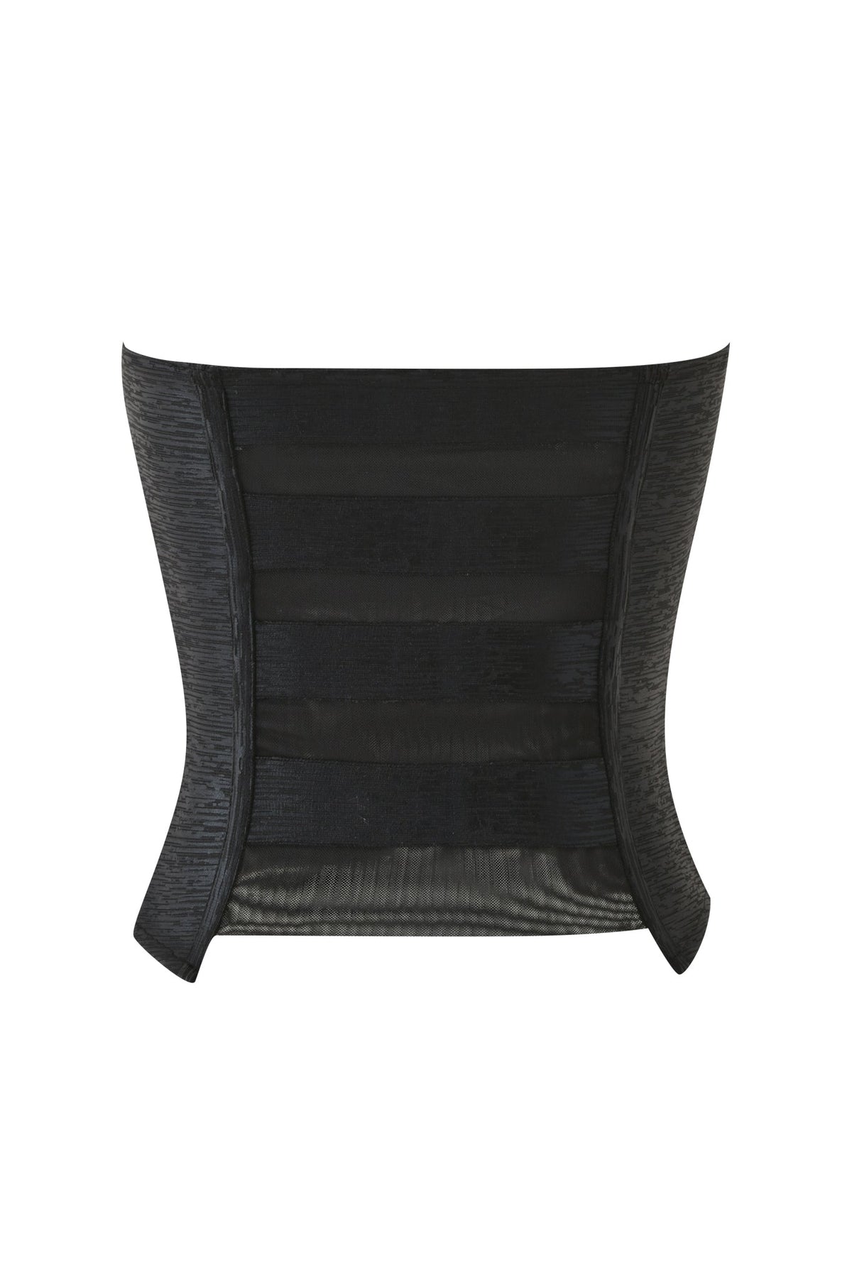 Introducing the CARMILLA BANDAGE TUBE TOP - BLACK FOIL from I.AM.GIA: a black strapless, bodycon top featuring horizontal panel detailing and textured side panels. Crafted in a fitted, semi-sheer fabric at the bottom hem, this sophisticated bandage mesh top delivers both style and structure.