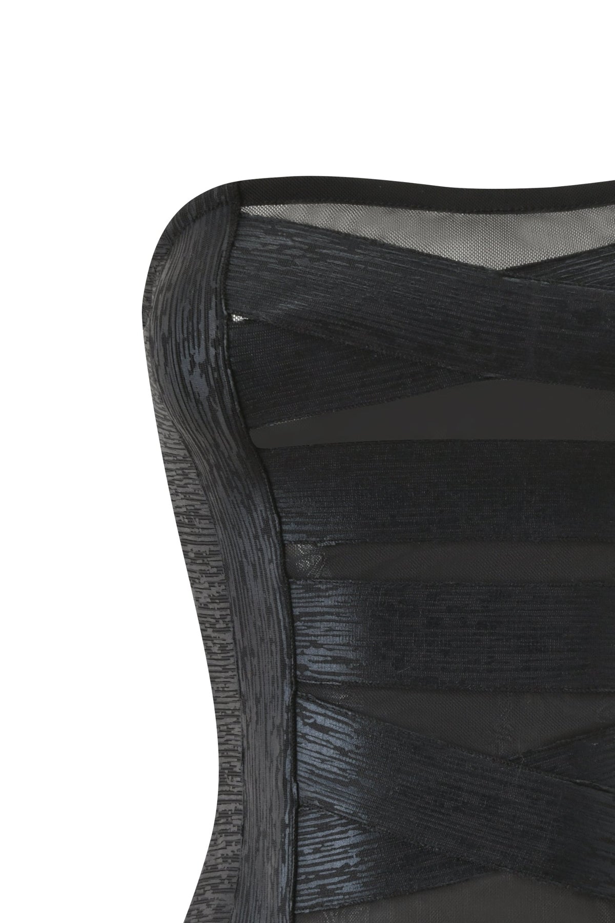 Close-up of the I.AM.GIA CARMILLA BANDAGE TUBE TOP - BLACK FOIL, featuring a strapless design with sheer mesh panels and shiny textured black foil fabric. Intricate overlapping band details and a curved neckline evoke the style of a modern bandage mesh top, while the form-fitting silhouette accentuates its ultra-modern, metallic look.