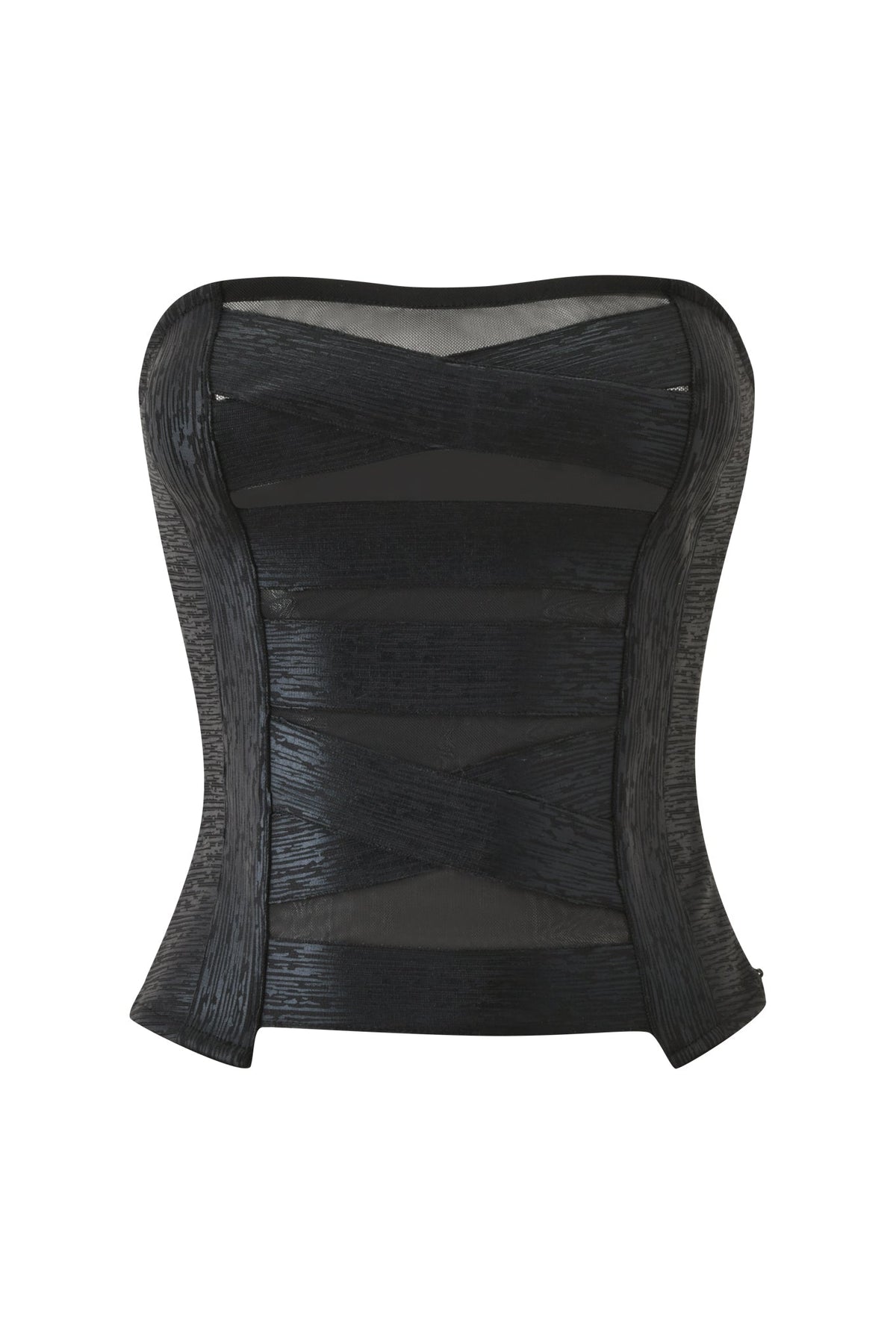 The CARMILLA BANDAGE TUBE TOP - BLACK FOIL by I.AM.GIA features a strapless, corset-style black bandage design with sheer mesh panels and textured crisscross detailing, creating a sleek bodycon silhouette. The top is displayed against a white background.