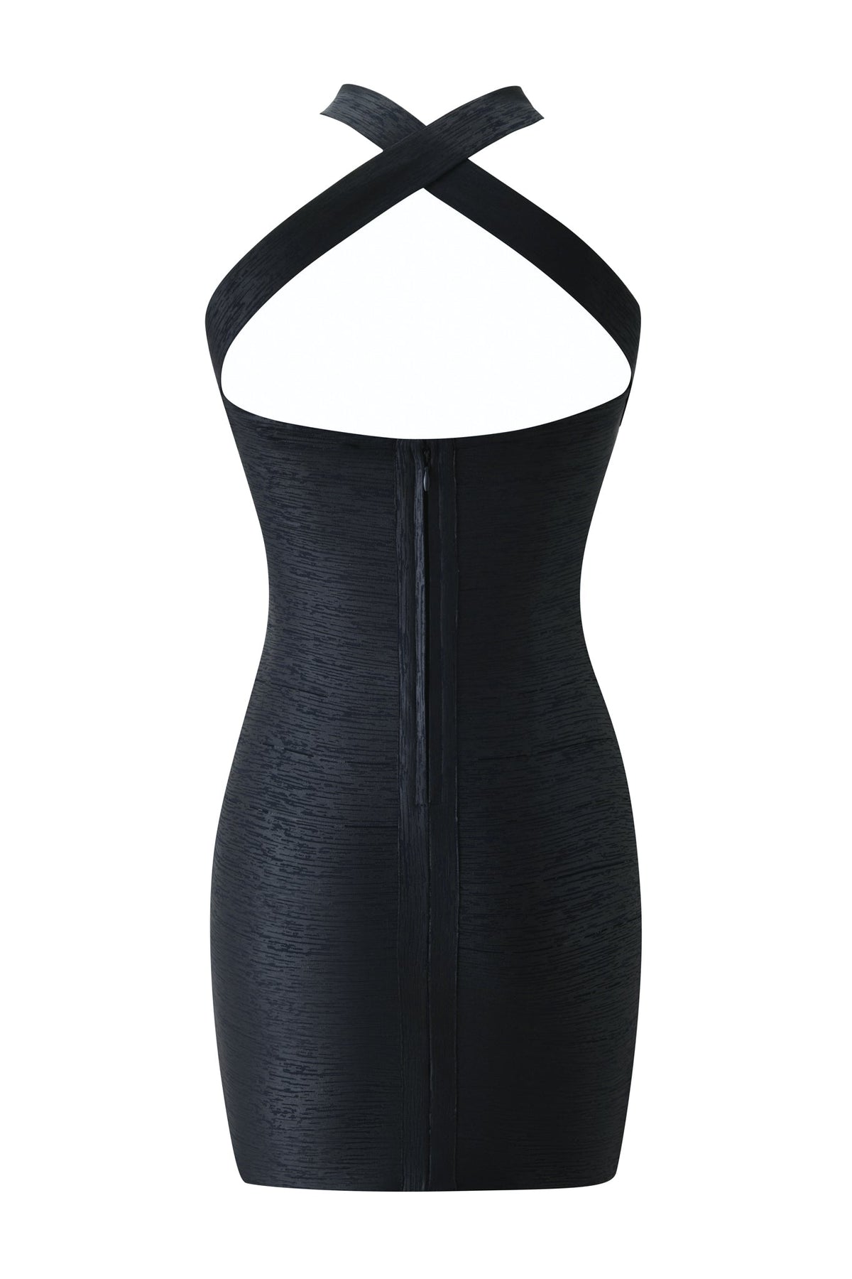Introducing the RAVENNE BANDAGE MINI DRESS - MIDNIGHT by I.AM.GIA: A black, sleeveless mini dress featuring a crisscross halter neckline, open back, and a visible center seam down the front. Crafted from fitted, textured fabric and cut to a short length—perfect for your next night out.