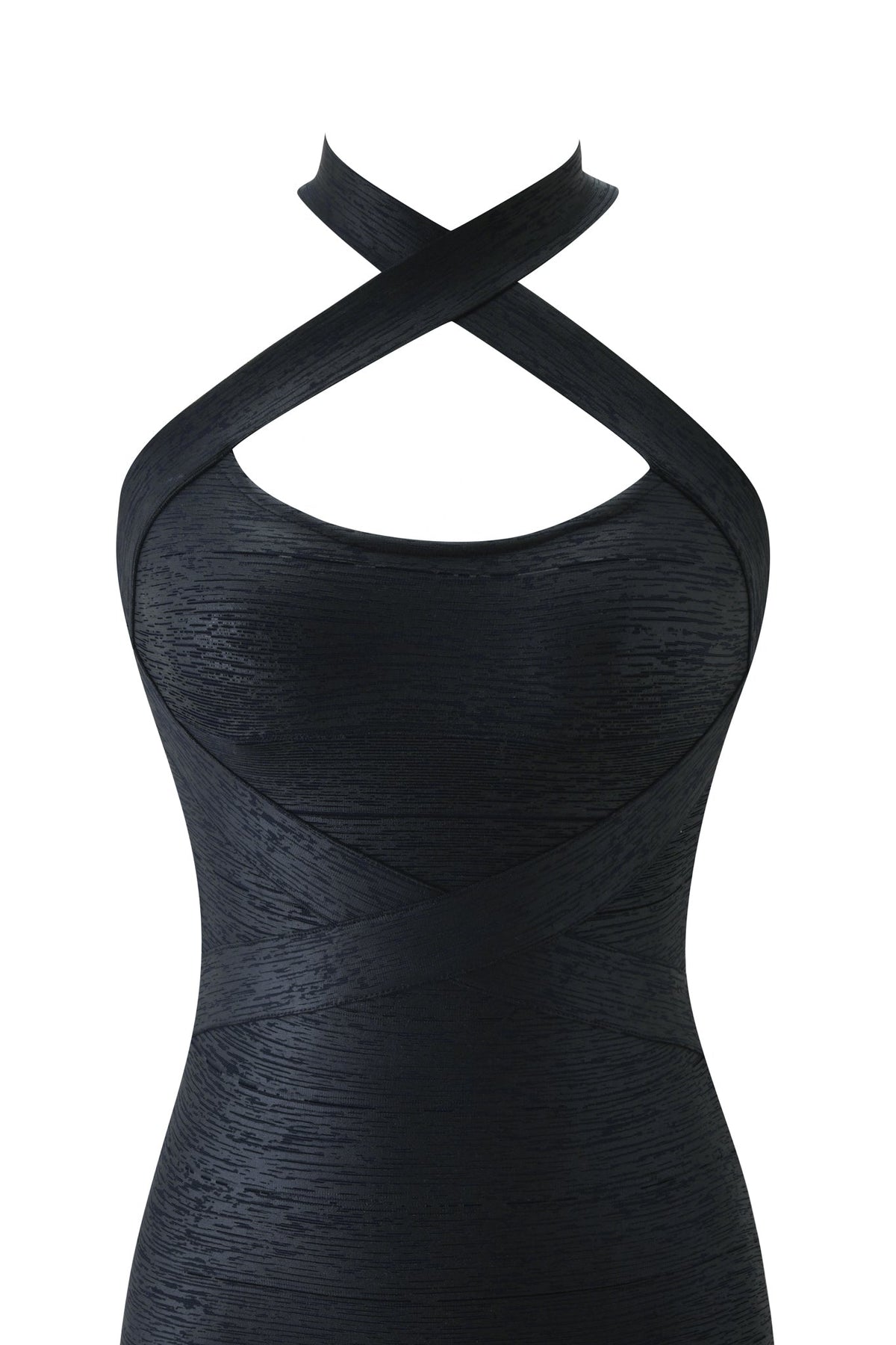 A close-up of the RAVENNE BANDAGE MINI DRESS - MIDNIGHT by I.AM.GIA, a sleeveless black bodycon mini dress featuring wide straps that crisscross over the chest and neck in an X-shape at both the neckline and around the waist, with textured fabric.