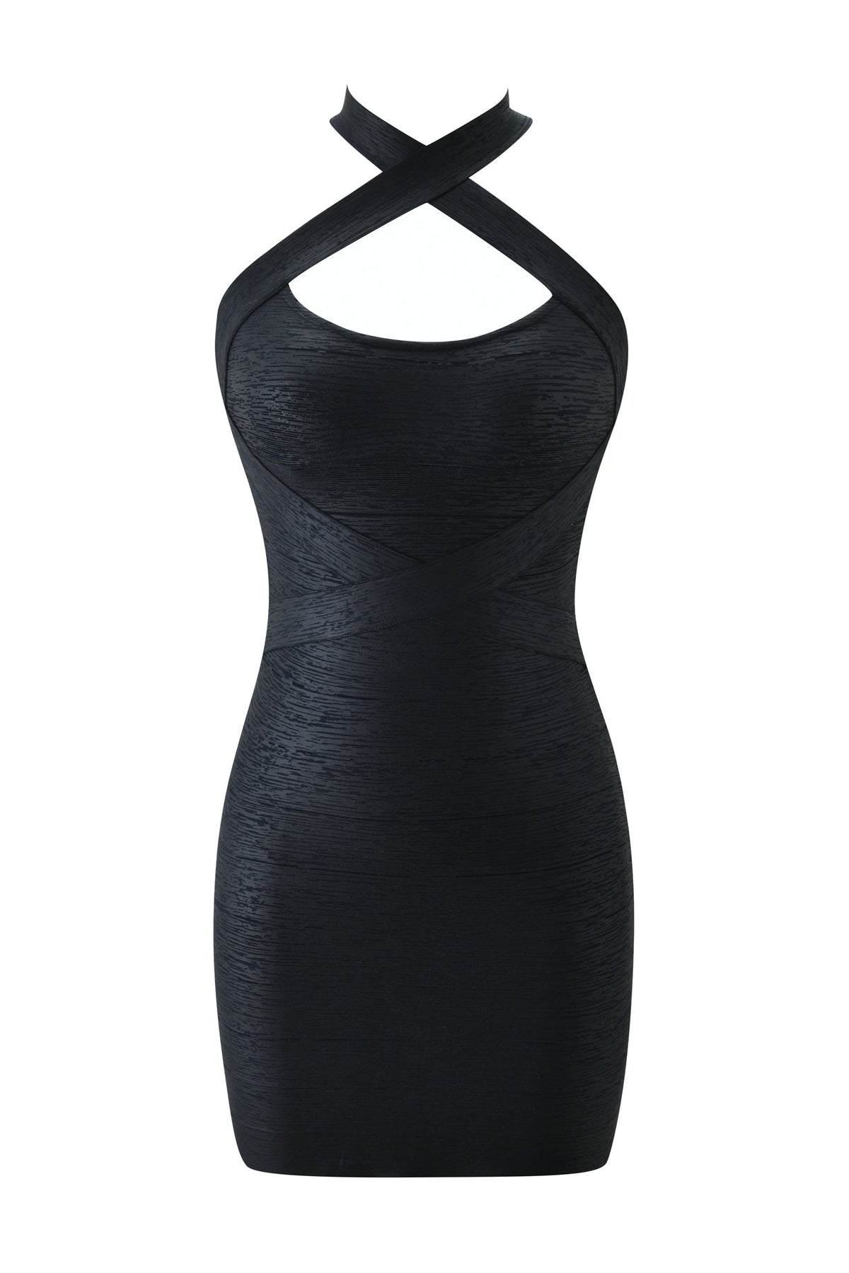 The RAVENNE BANDAGE MINI DRESS - MIDNIGHT by I.AM.GIA is a black, sleeveless bodycon mini dress featuring a crisscross halter neckline and textured fabric. This fitted clubbing dress showcases a simple yet elegant design, effortlessly blending sophistication with modern flair.