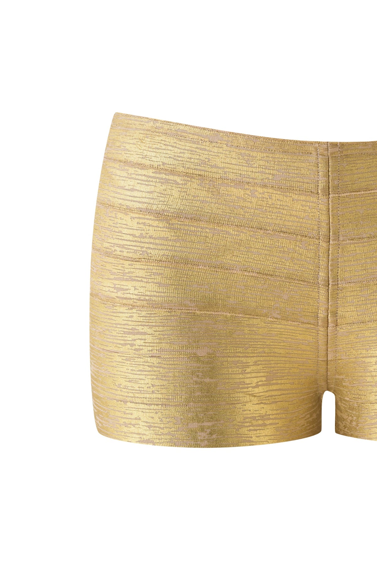 I.AM.GIA CARMILLA PLATINUM BANDAGE MICRO SHORTS in metallic gold, featuring a bodycon mini fit with a bandage-style design and horizontal stitched detailing.