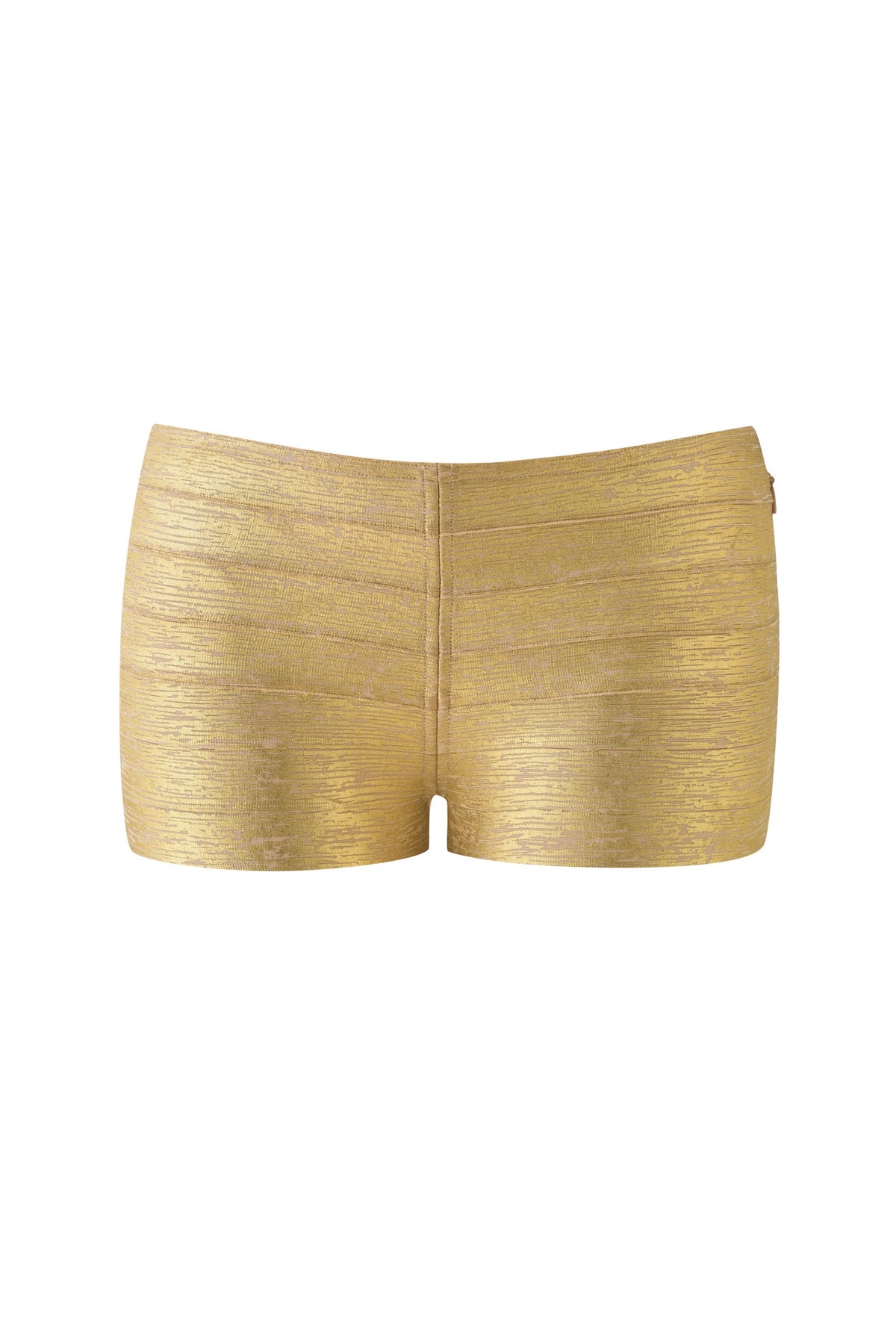 I.AM.GIA CARMILLA PLATINUM BANDAGE MICRO SHORTS in metallic gold with a bodycon fit.
